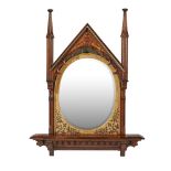 ENGLISH SCHOOLGOTHIC REVIVAL PAINTED OAK OVERMANTEL MIRROR, CIRCA 1865 the pedimented hooded top