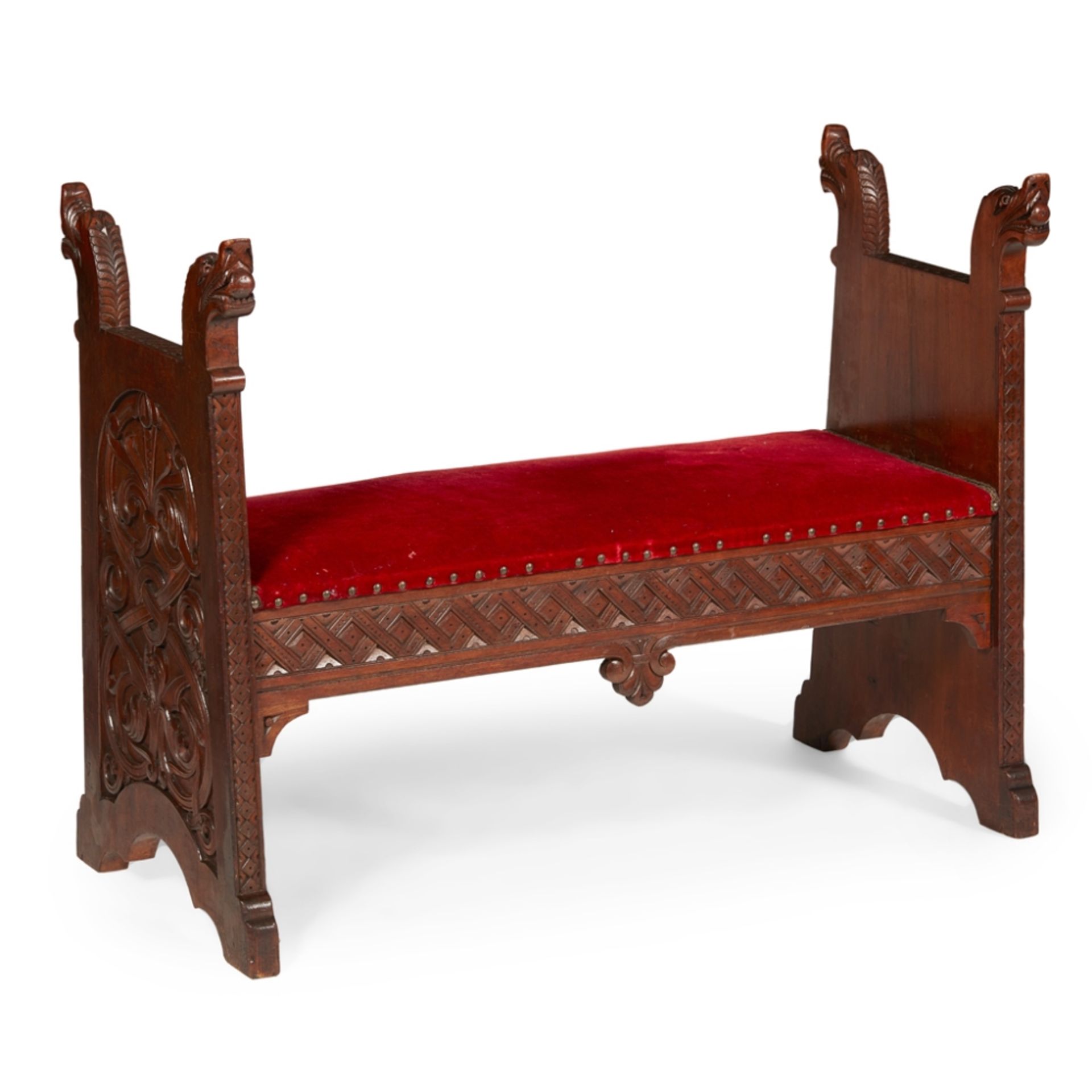 NORWEGIAN SCHOOLARTS & CRAFTS VIKING REVIVAL STAINED PINE BENCH, CIRCA 1900 with original close-nail