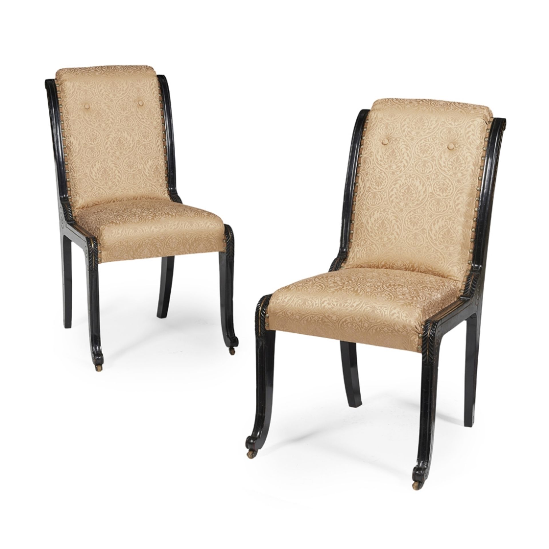 ART FURNITUREPAIR OF ANGLO-GREEK UPHOLSTERED SIDE CHAIRS, CIRCA 1880 each with an ebonised frame