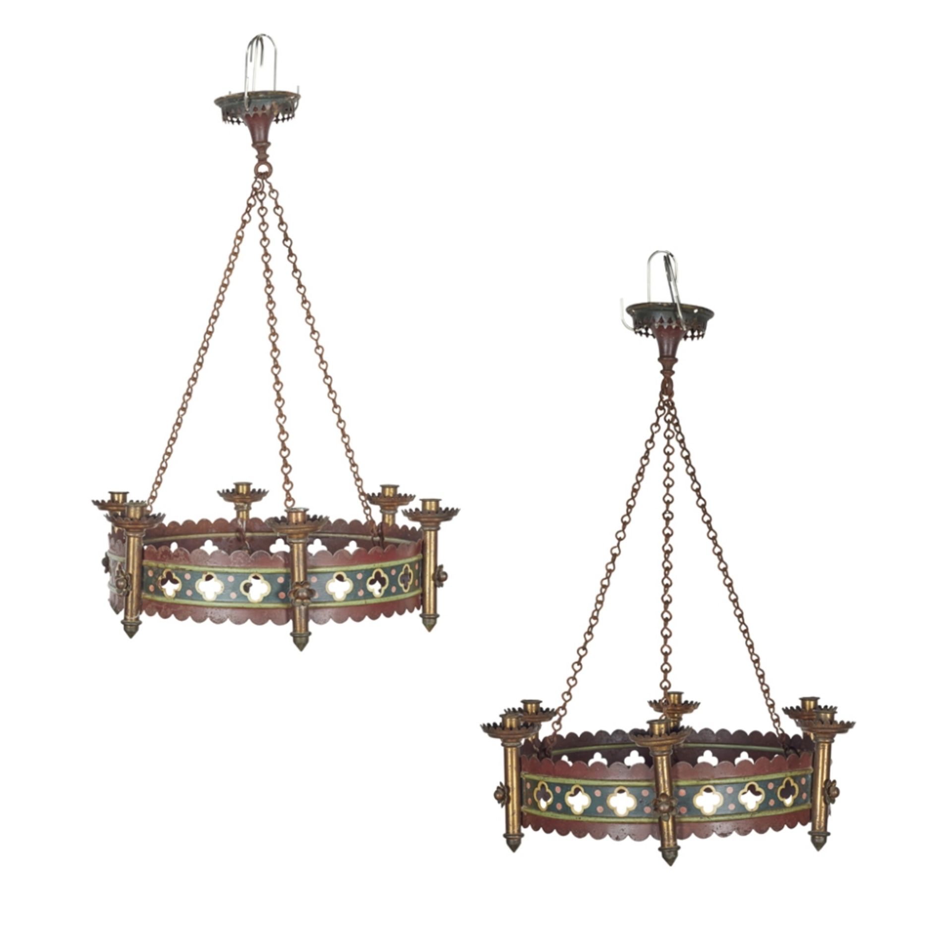 AUGUSTUS WELBY NORTHMORE PUGIN (1812-1852)PAIR OF GOTHIC REVIVAL PAINTED IRON AND BRASS MOUNTED