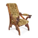 FRENCH SCHOOLLARGE GOTHIC REVIVAL UPHOLSTERED MAHOGANY ARMCHAIR, CIRCA 1870 with curved back and