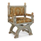 MANNER OF CRACE & SONGOTHIC REVIVAL THRONE CHAIR, CIRCA 1870 the chamfered frame, stencilled with