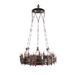 GOTHIC REVIVAL, OF ALFRED WATERHOUSE INTERESTSIX-LIGHT WROUGHT AND PAINTED STEEL CHANDELIER, CIRCA