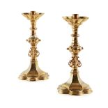 ENGLISH SCHOOLPAIR OF GOTHIC REVIVAL BRASS CANDLESTICKS, CIRCA 1890 each with lobed and dished