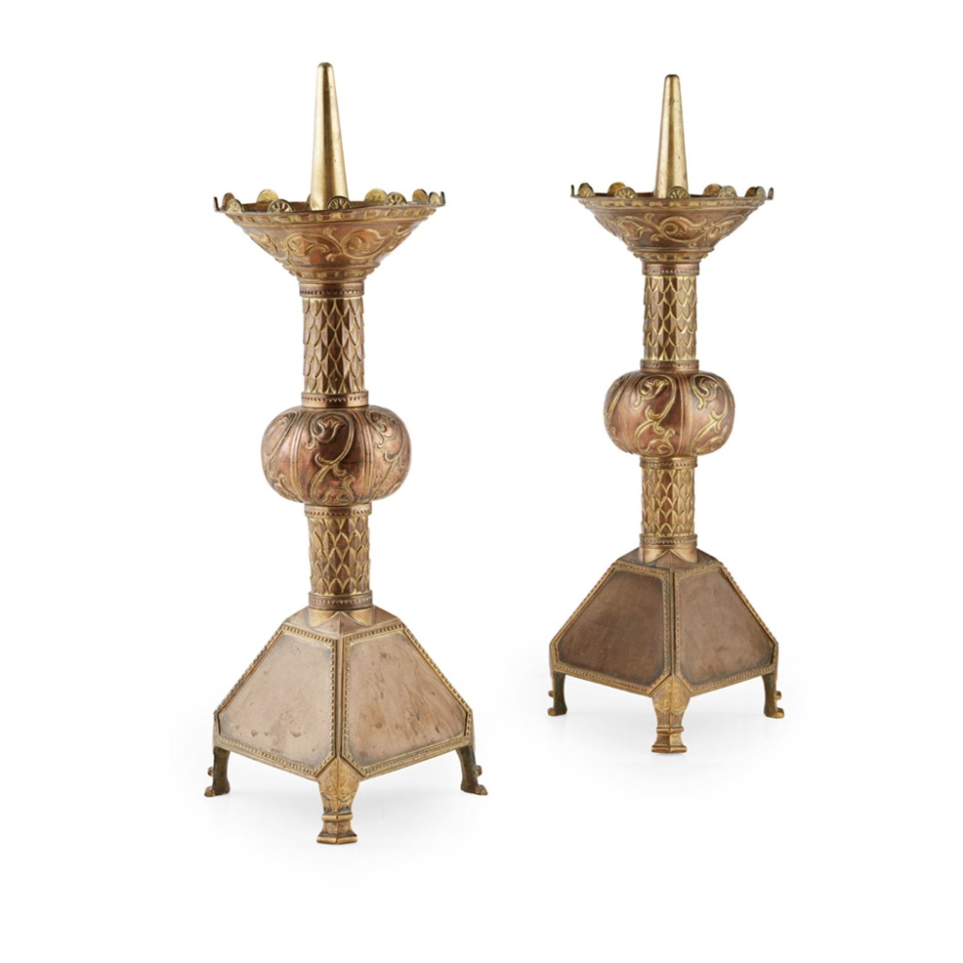 ATTRIBUTED TO WILLIAM BUTTERFIELD (1814-1900)PAIR OF GOTHIC REVIVAL BRASS PRICKET CANDLESTICKS,