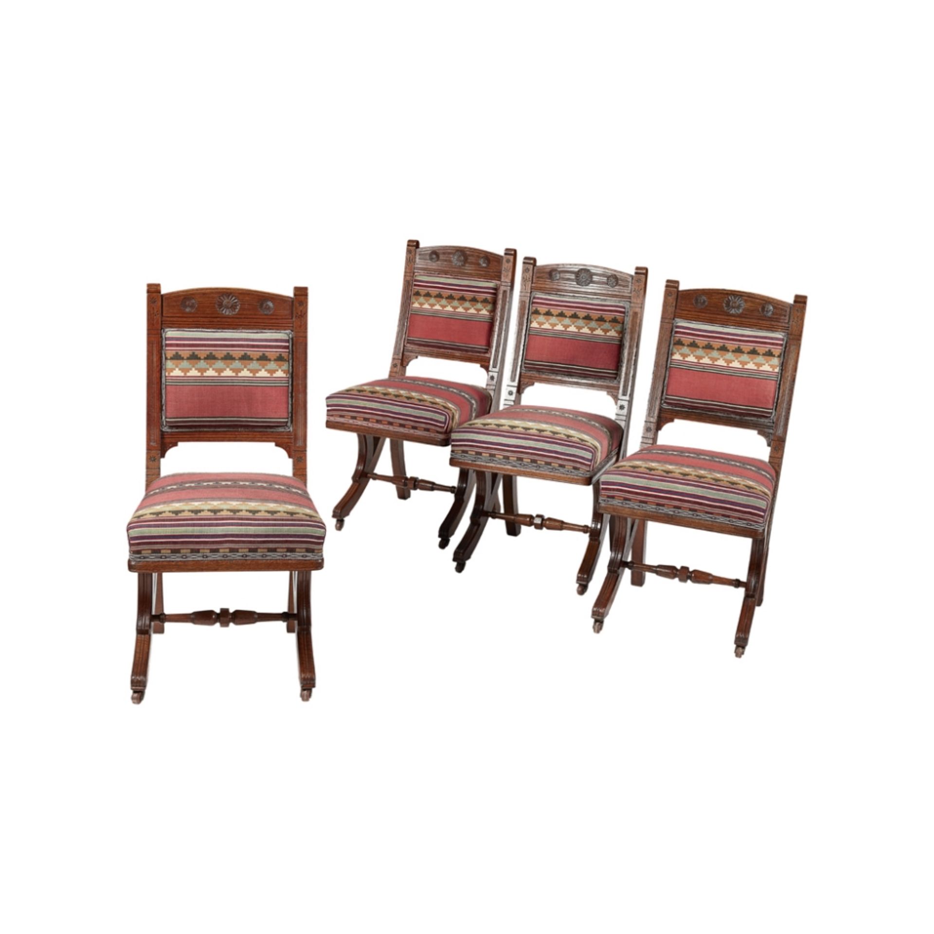 MANNER OF HENRY HOBSON RICHARDSONSET OF FOUR AESTHETIC MOVEMENT UPHOLSTERED OAK DINING CHAIRS, CIRCA