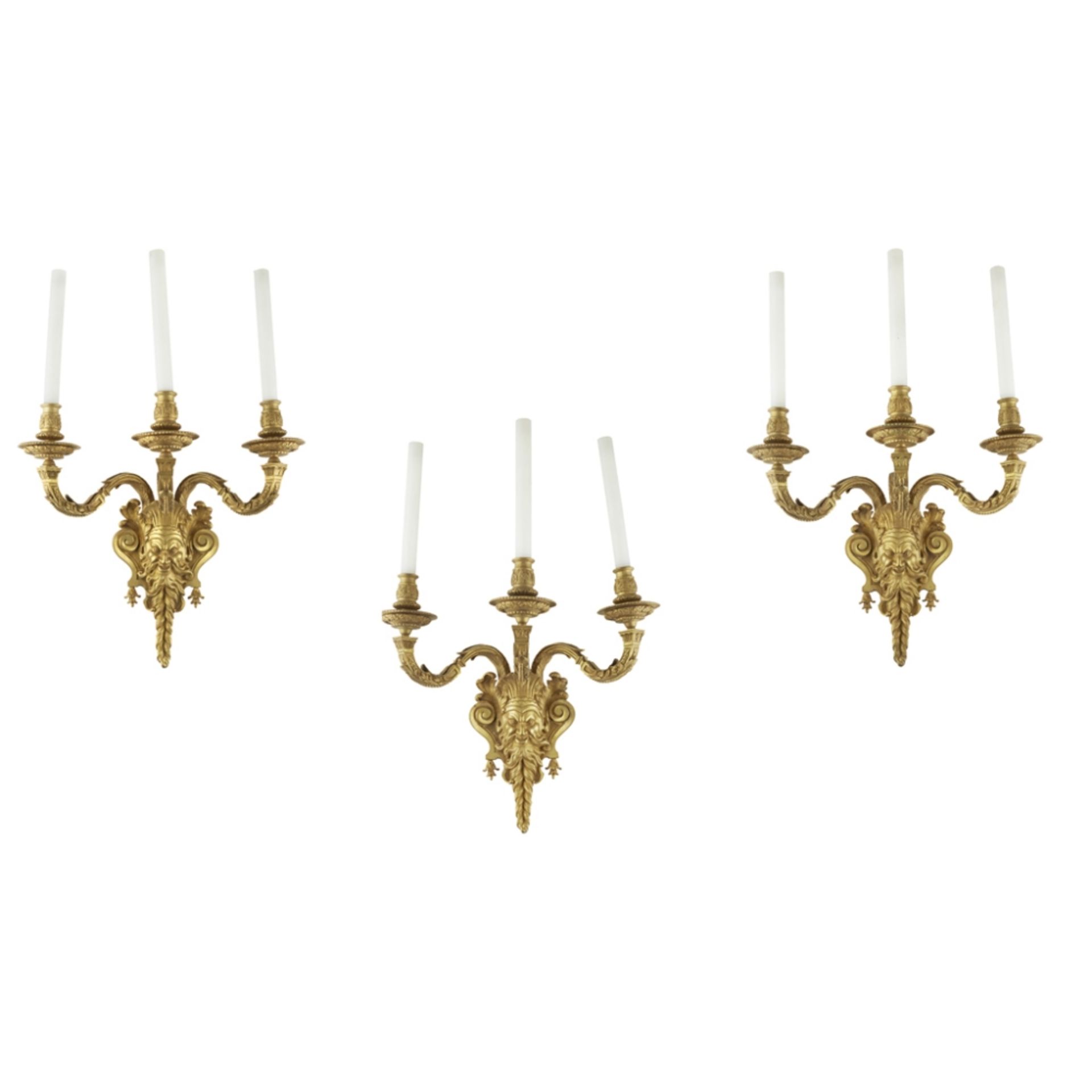 SET OF THREE GILT BRONZE WALL LIGHTSLATE 19TH CENTURY with three outscrolling arms above a large