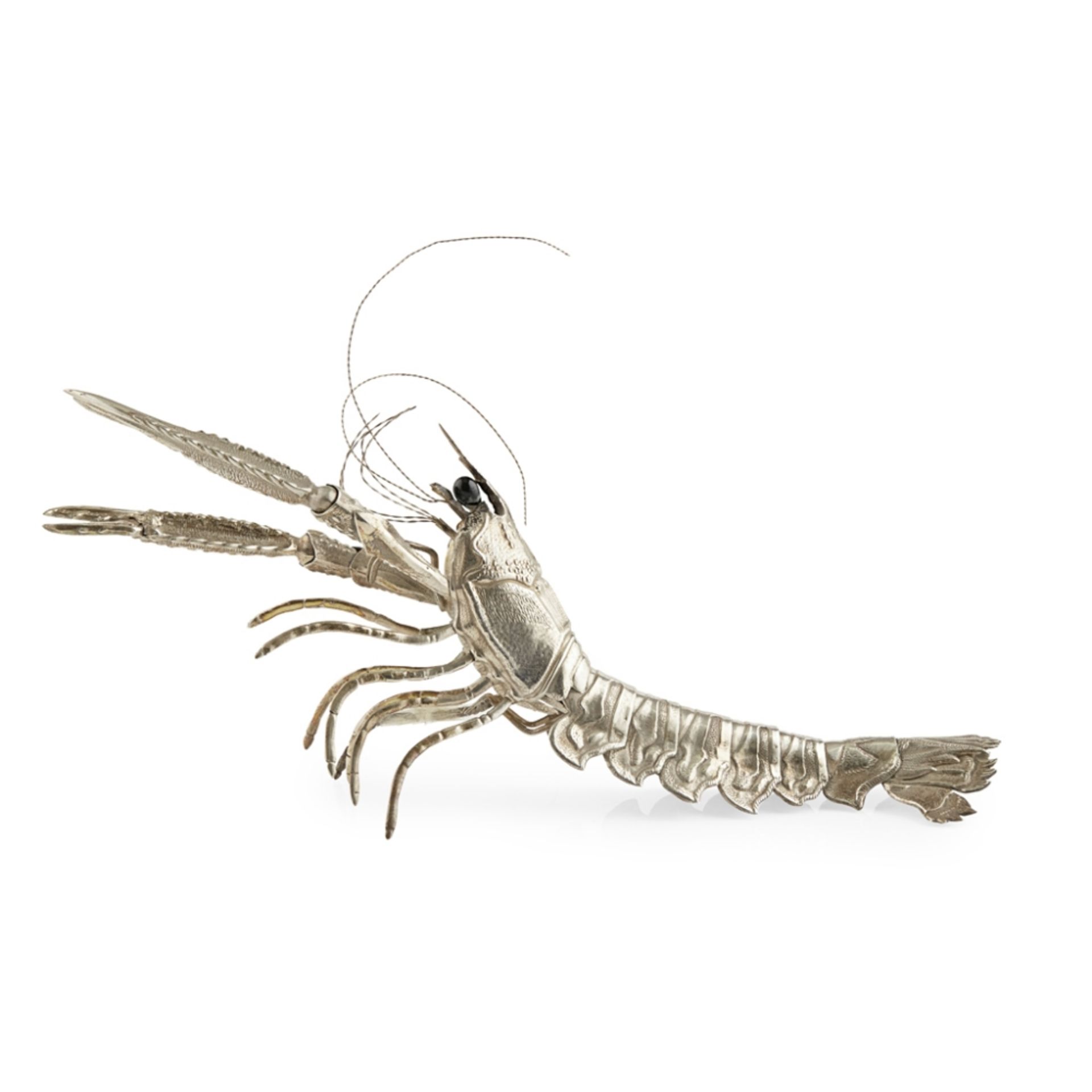 SPANISH SILVER ARTICULATED MODEL OF A LANGOUSTINE20TH CENTURY with dark glass eyes, articulated