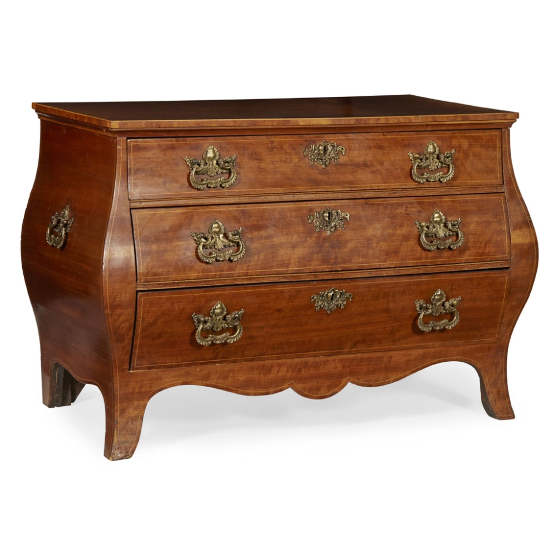 LATE GEORGE III SATINWOOD BOMBE COMMODE18TH CENTURY the rectangular top with boxwood stringing,