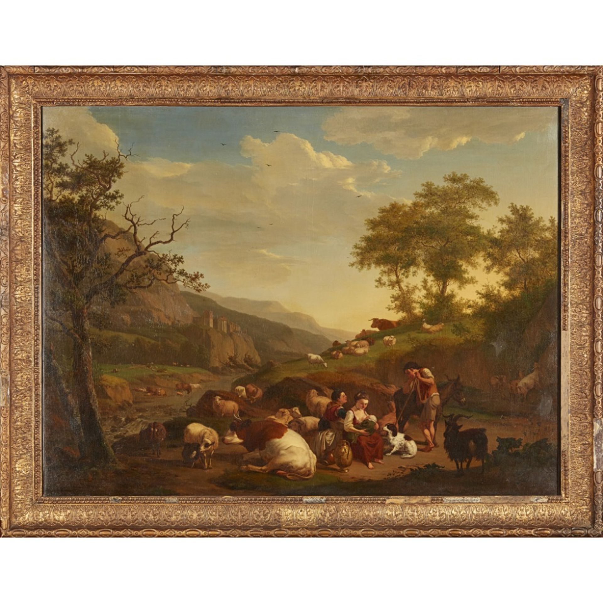 18TH CENTURY FLEMISH SCHOOLA CLASSICAL LANDSCAPE WITH FIGURES AND ANIMALS ON A PATH Oil on - Image 2 of 2