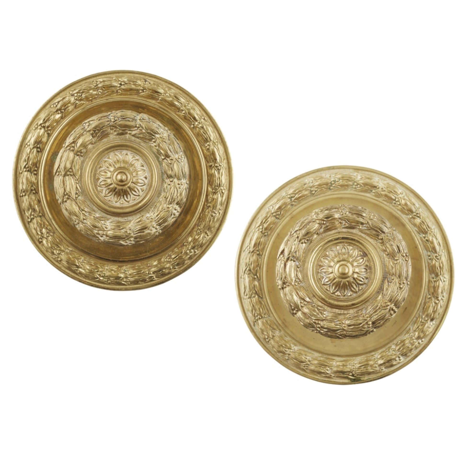 LARGE GILT BRASS DOOR KNOB SET19TH CENTURY cast with leaves and berries, the circular weighted knobs - Image 2 of 2