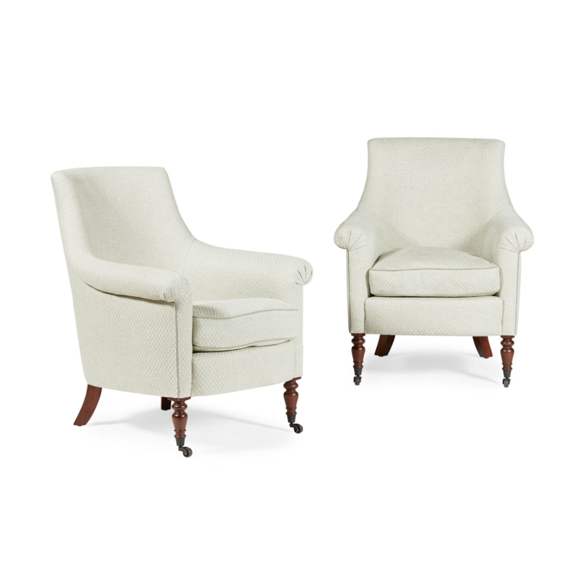 PAIR OF 'POLLYANNA' TUB ARMCHAIRS BY KINGCOMEMODERN the curved backs and scrolled arms over down and