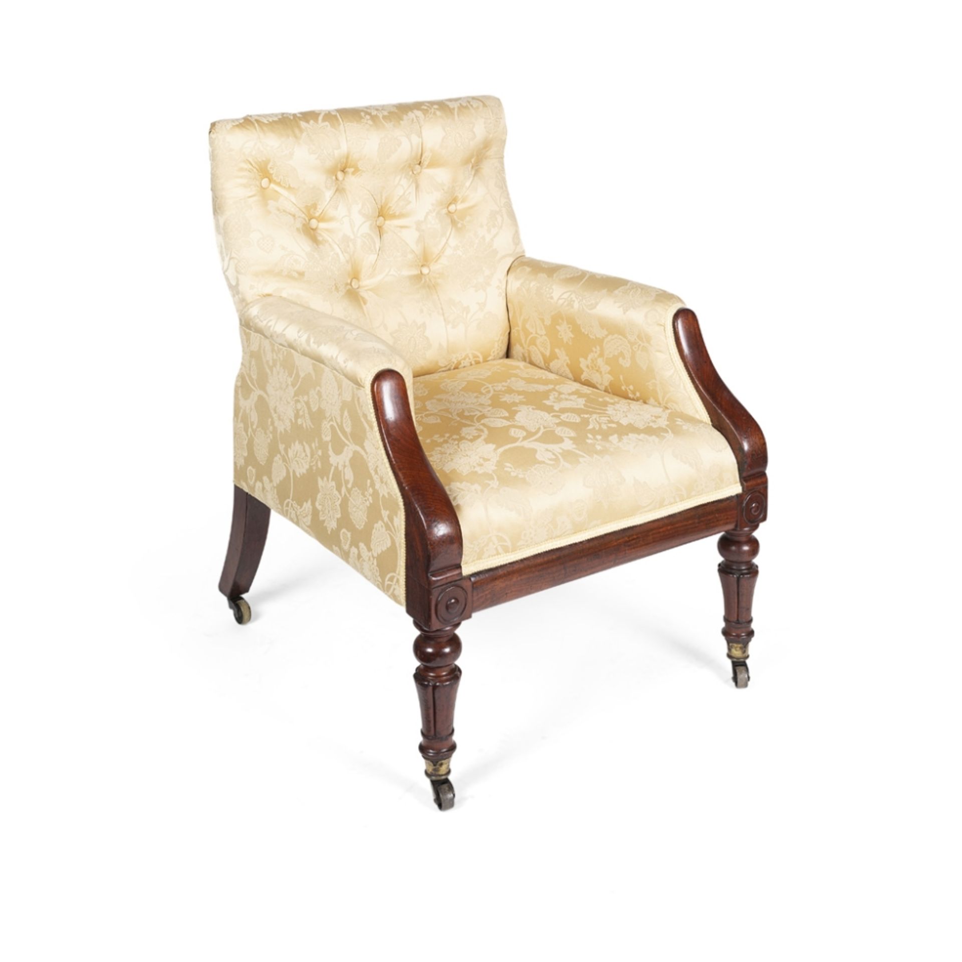 WILLIAM IV MAHOGANY LIBRARY ARMCHAIR19TH CENTURY the low square button upholstered back above a