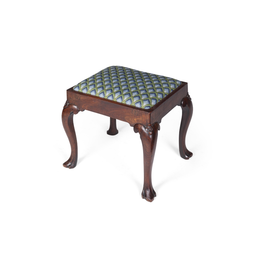 GEORGIAN MAHOGANY STOOLMID 18TH CENTURY the rectangular drop-in pad seat covered in blue and green