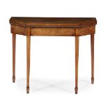 LATE GEORGE III SATINWOOD, WALNUT AND ROSEWOOD CARD TABLE18TH CENTURY the canted rectangular fold-