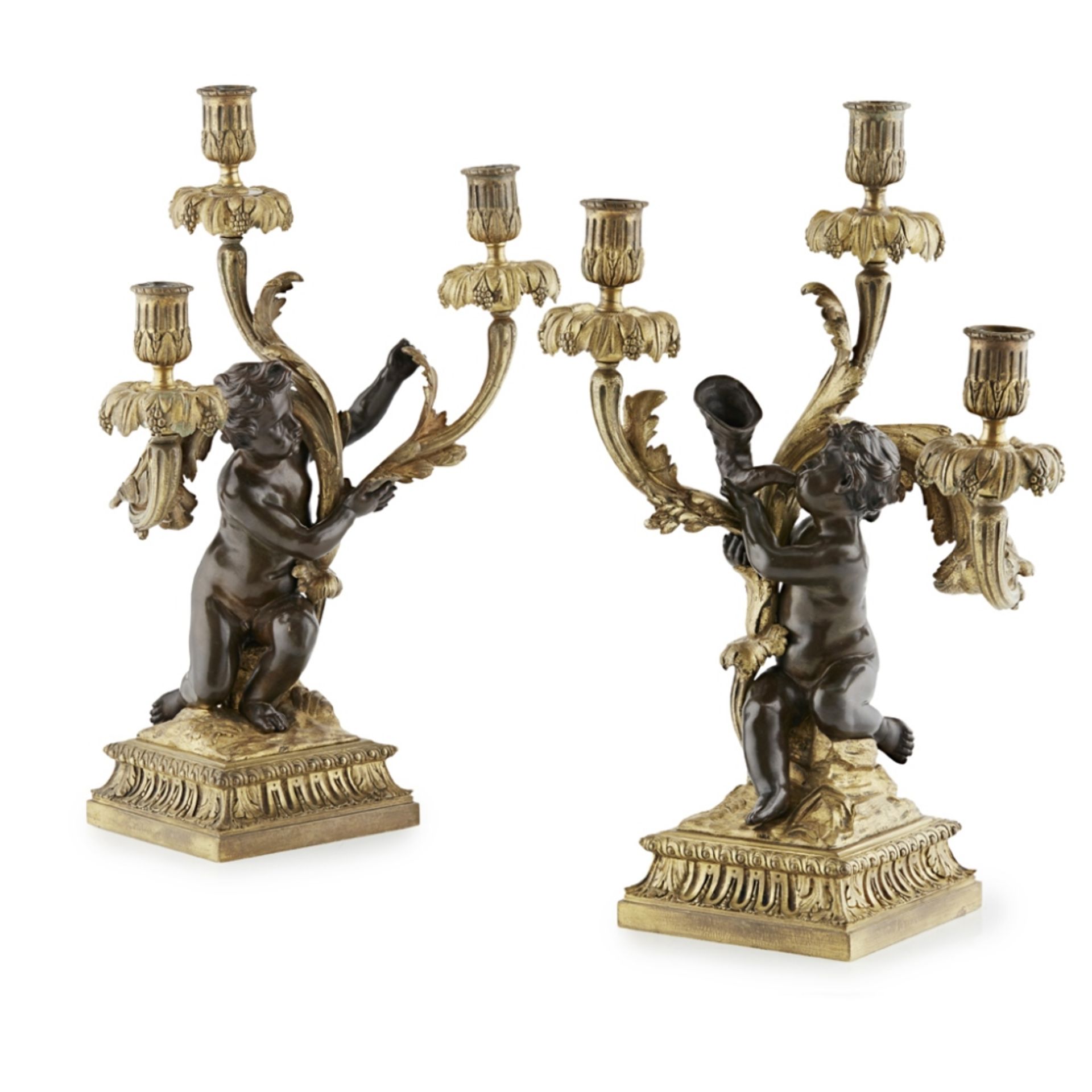 PAIR OF FRENCH REGENCE STYLE GILT AND PATINATED BRONZE CANDELABRA, HENRI VIANLATE 19TH CENTURY