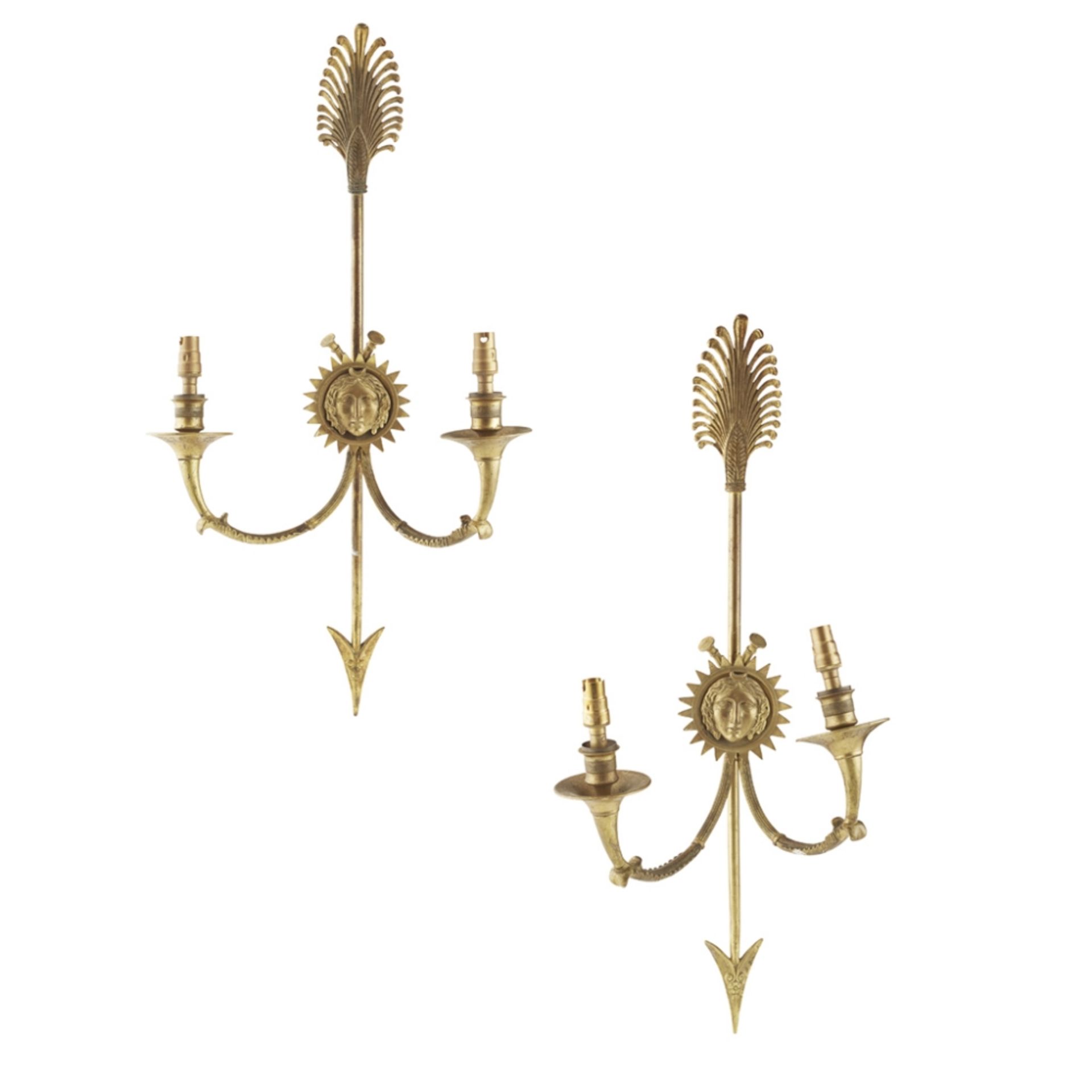 PAIR OF FRENCH EMPIRE STYLE GILT BRONZE WALL SCONCES19TH CENTURY with arrow formed uprights