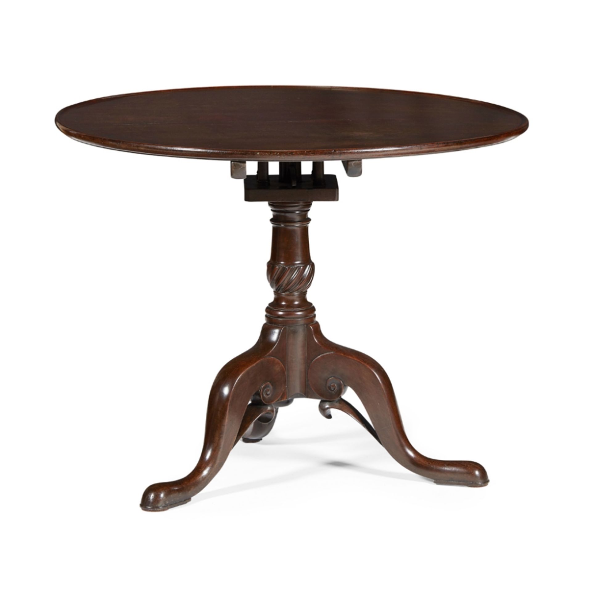 GEORGE III MAHOGANY BIRDCAGE TEA TABLE18TH CENTURY the dished circular top above a birdcage and