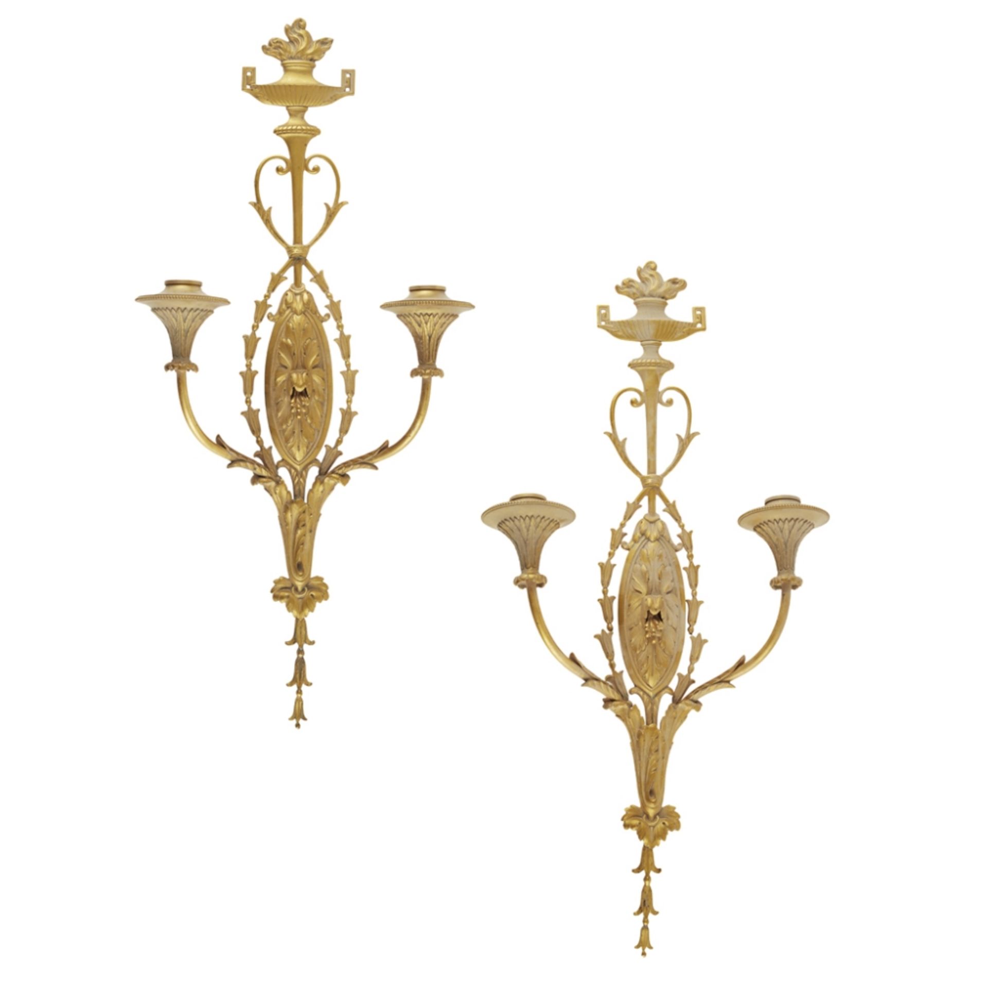 PAIR OF NEOCLASSICAL GILT BRONZE WALL APPLIQUES19TH CENTURY the foliate backplates with flaming