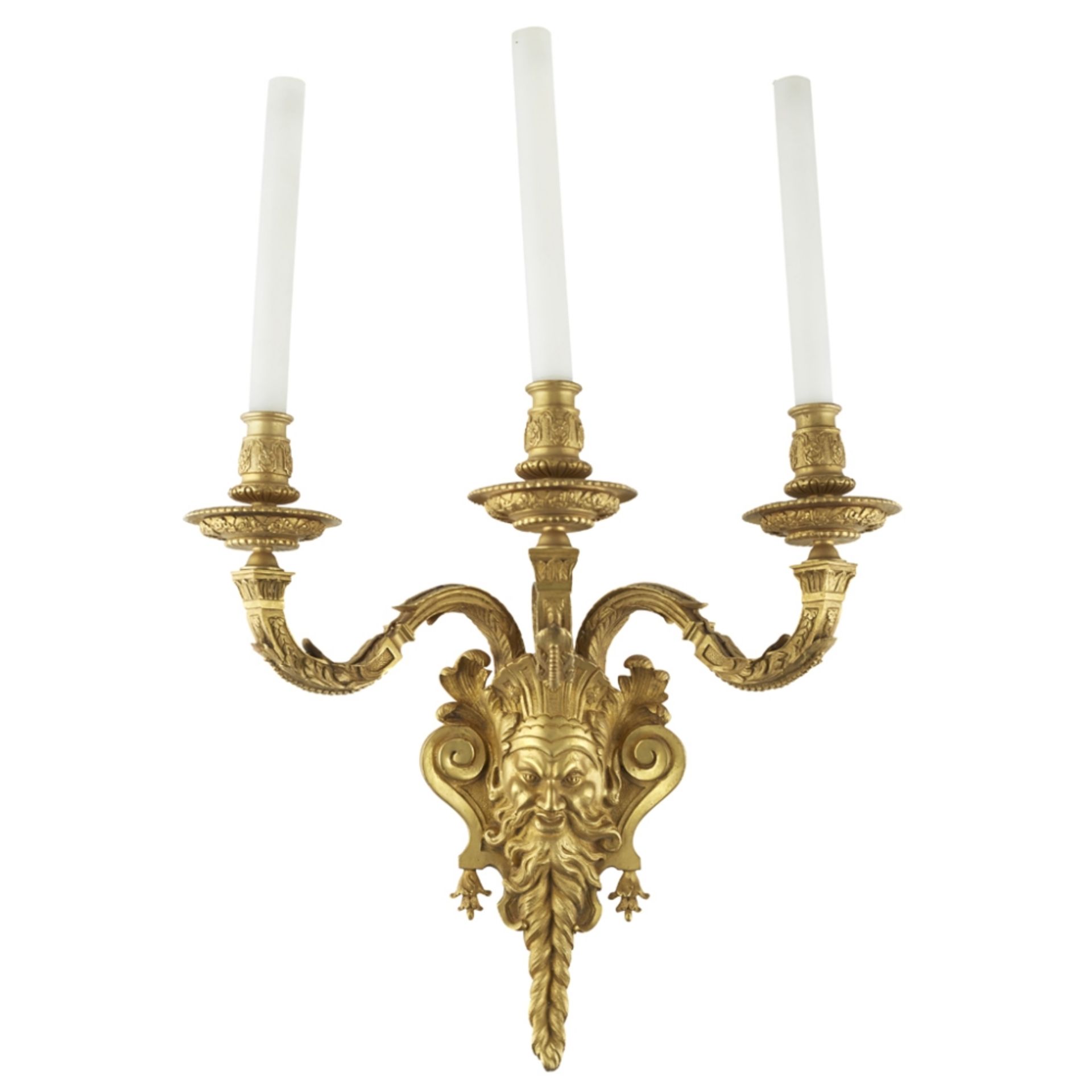 SET OF THREE GILT BRONZE WALL LIGHTSLATE 19TH CENTURY with three outscrolling arms above a large - Image 2 of 2