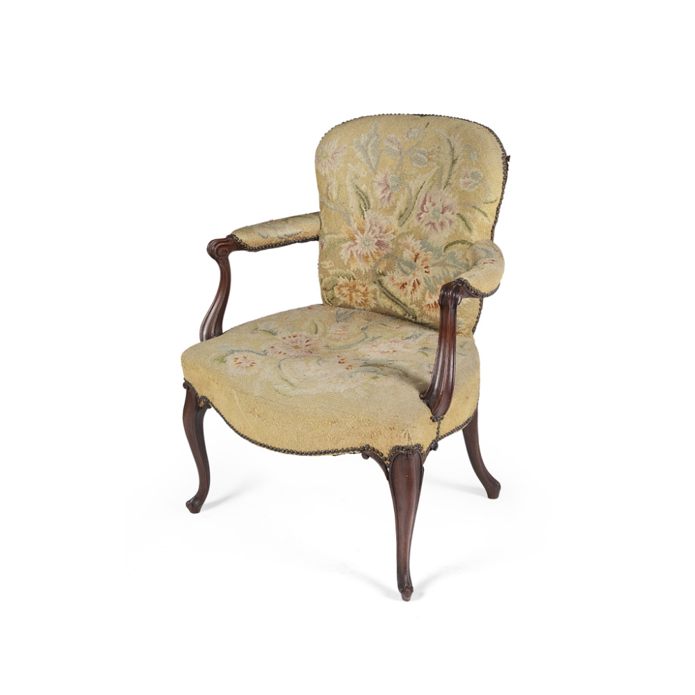 LATE GEORGE III MAHOGANY 'FRENCH HEPPLEWHITE' ARMCHAIR18TH CENTURY the cartouche shaped back and