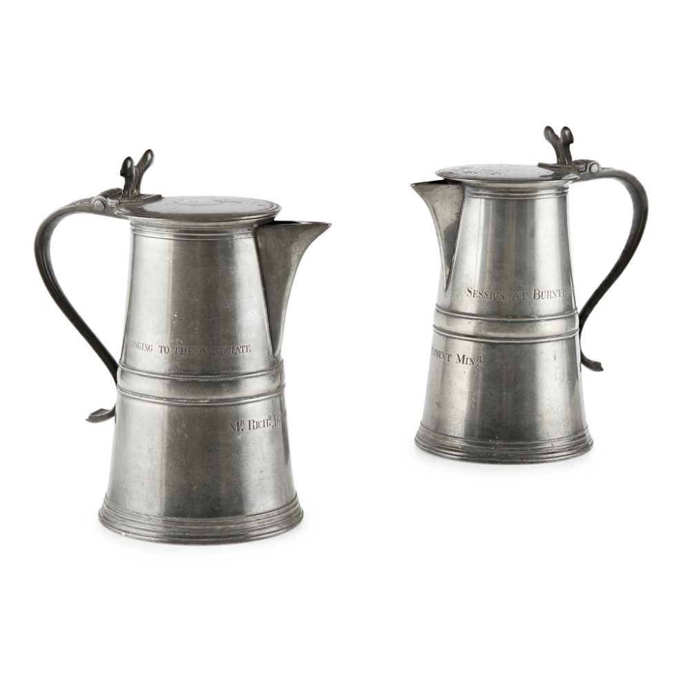 PAIR OF SCOTTISH PEWTER COMMUNION FLAGONSMID-LATE 18TH CENTURY of typical form, with lobed thumb