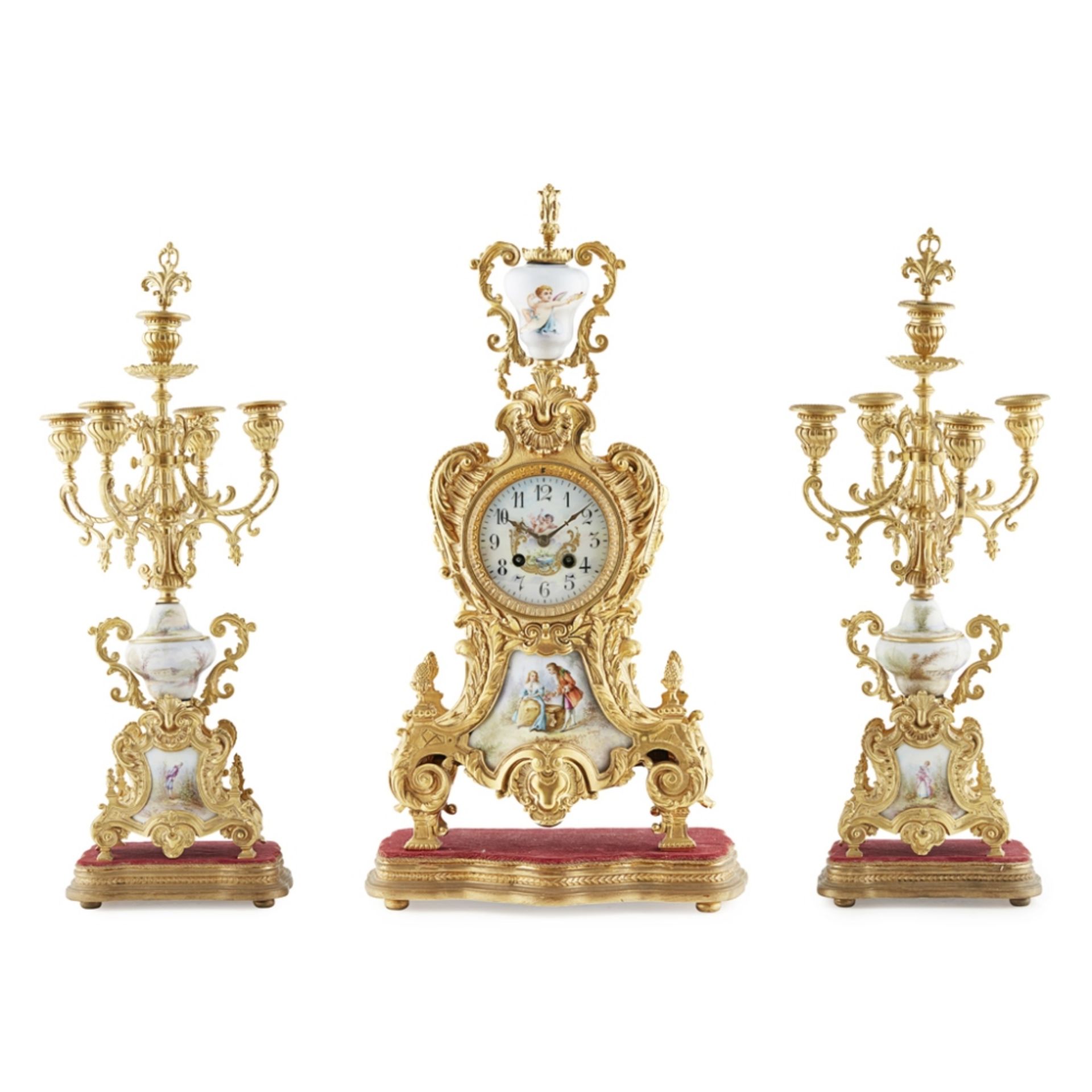 LOUIS XV STYLE GILT BRONZE AND PORCELAIN THREE PIECE CLOCK GARNITURE, JAPY FRERES & CIELATE 19TH