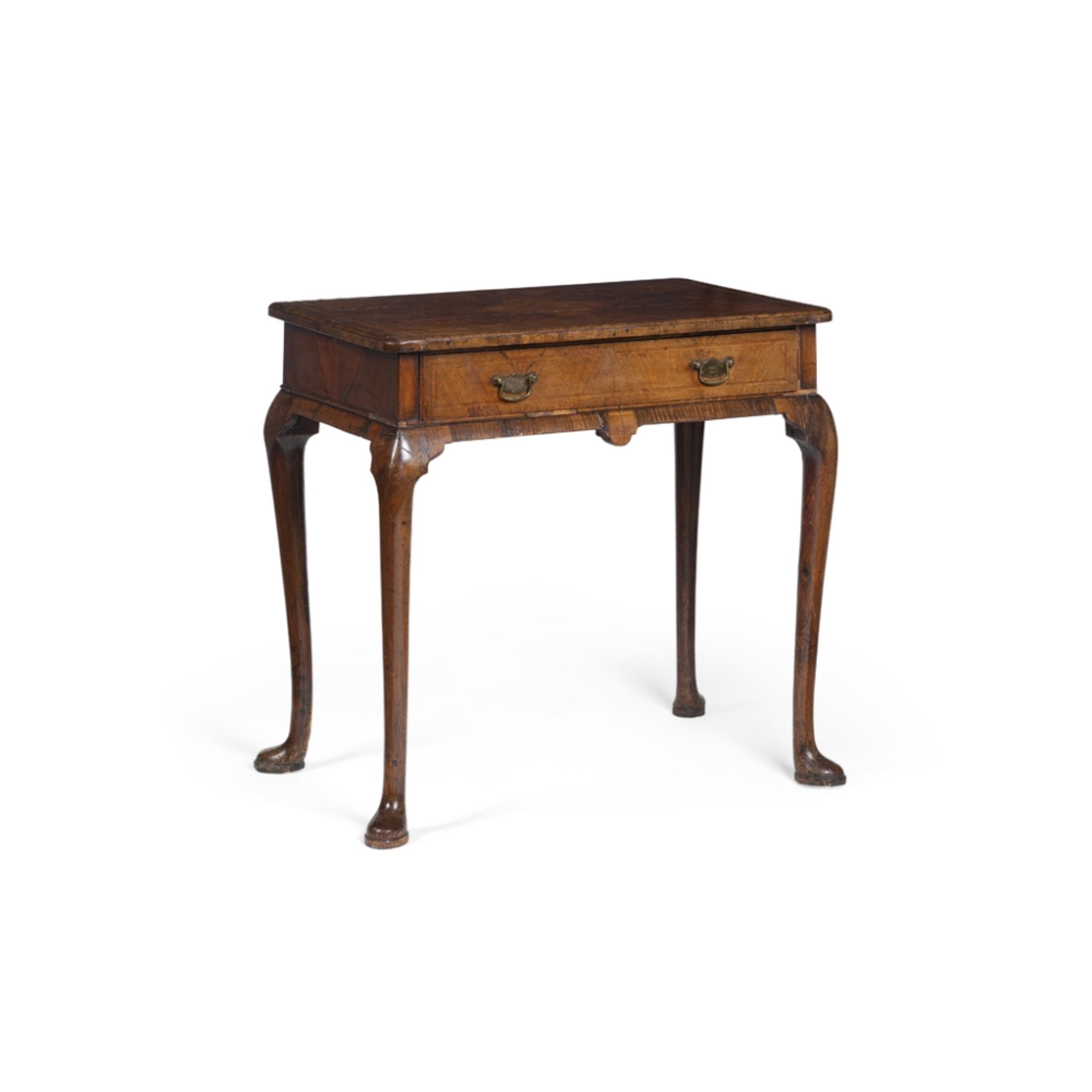 GEORGE I WALNUT SIDE TABLEEARLY 18TH CENTURY the quarter veneered top with chevron banding above a