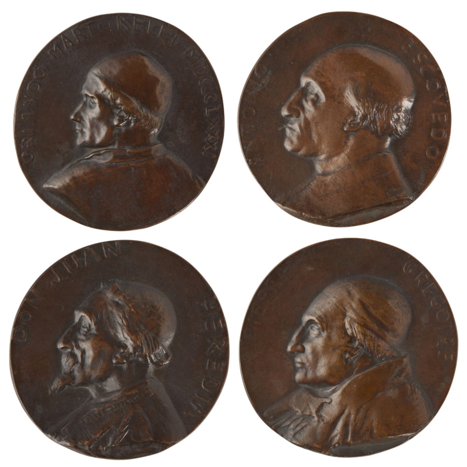 ALPHONSE LEGROS (1837-1911)FOUR BRONZE PORTRAIT MEDALLIONS all with dark brown patina, in profile,