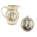 GEORGIAN 'ROYAL SUFFERERS' PRATTWARE JUG AND FLASKLATE 18TH/ EARLY 19TH CENTURY each depicting the