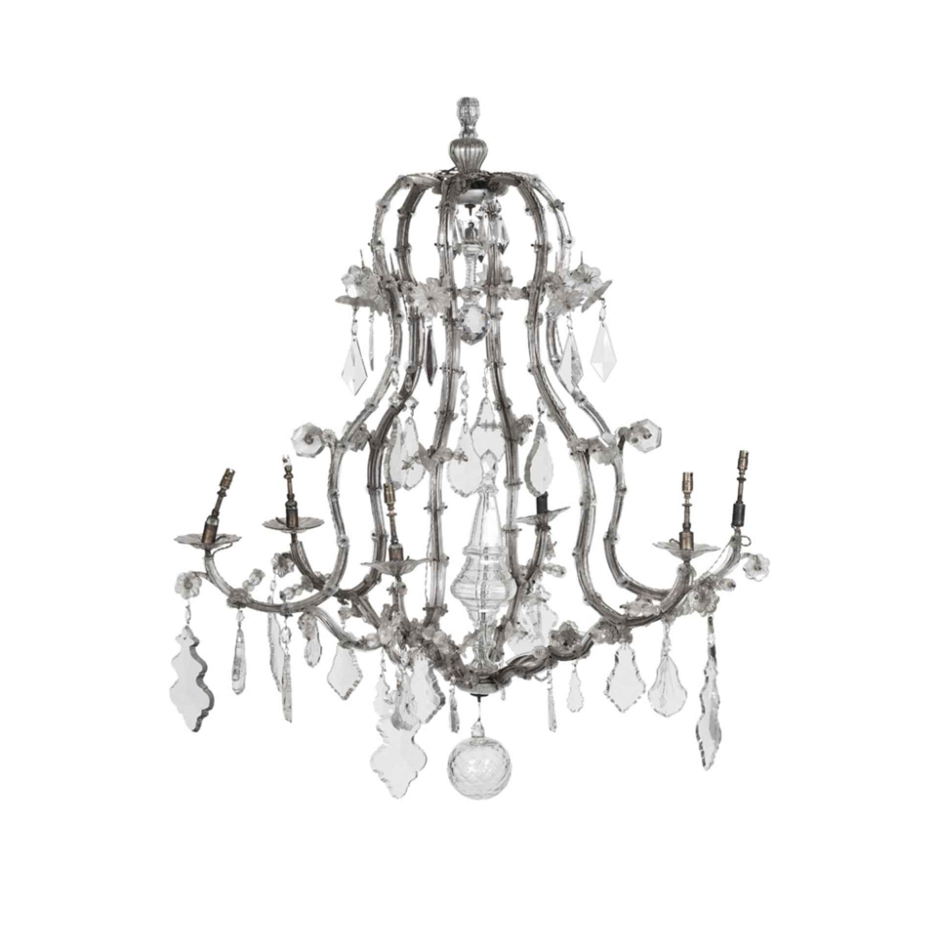 LARGE STEEL AND GLASS BIRDCAGE SIX BRANCH CHANDELIER19TH CENTURY of open design mounted with stars