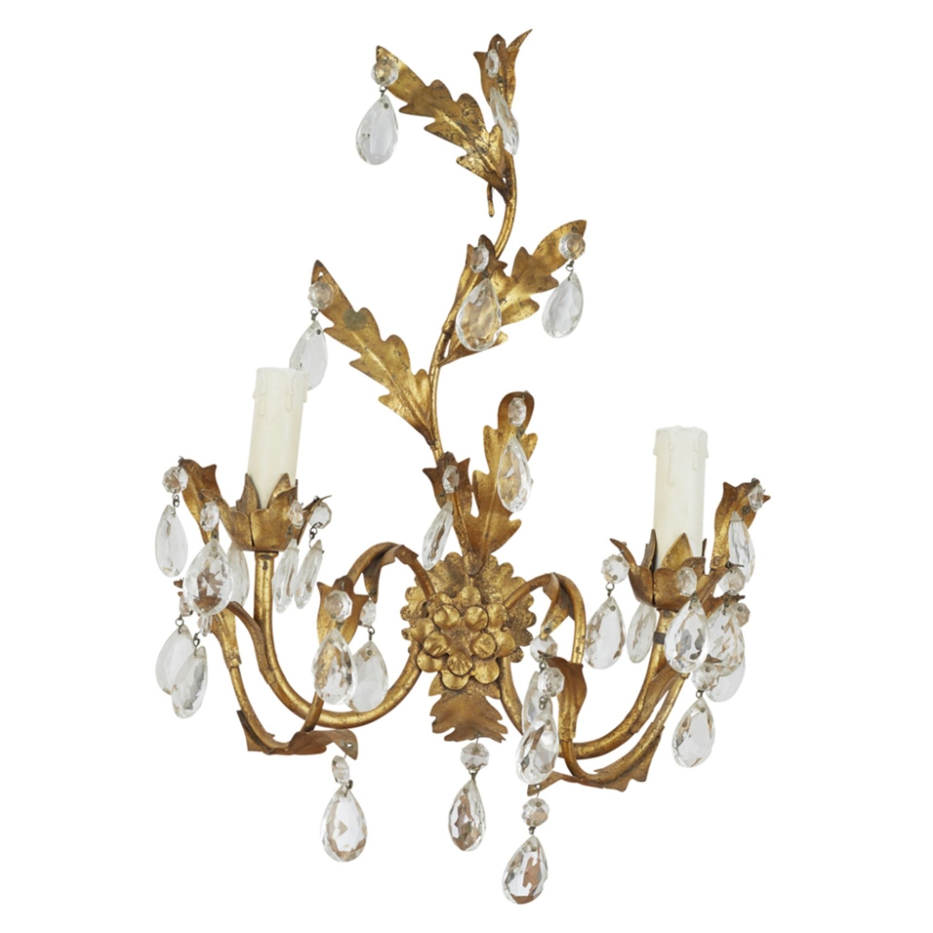 FOUR GILT METAL WALL LIGHTS20TH CENTURY with scrolled supports fitted with leaves and cut glass - Image 2 of 2