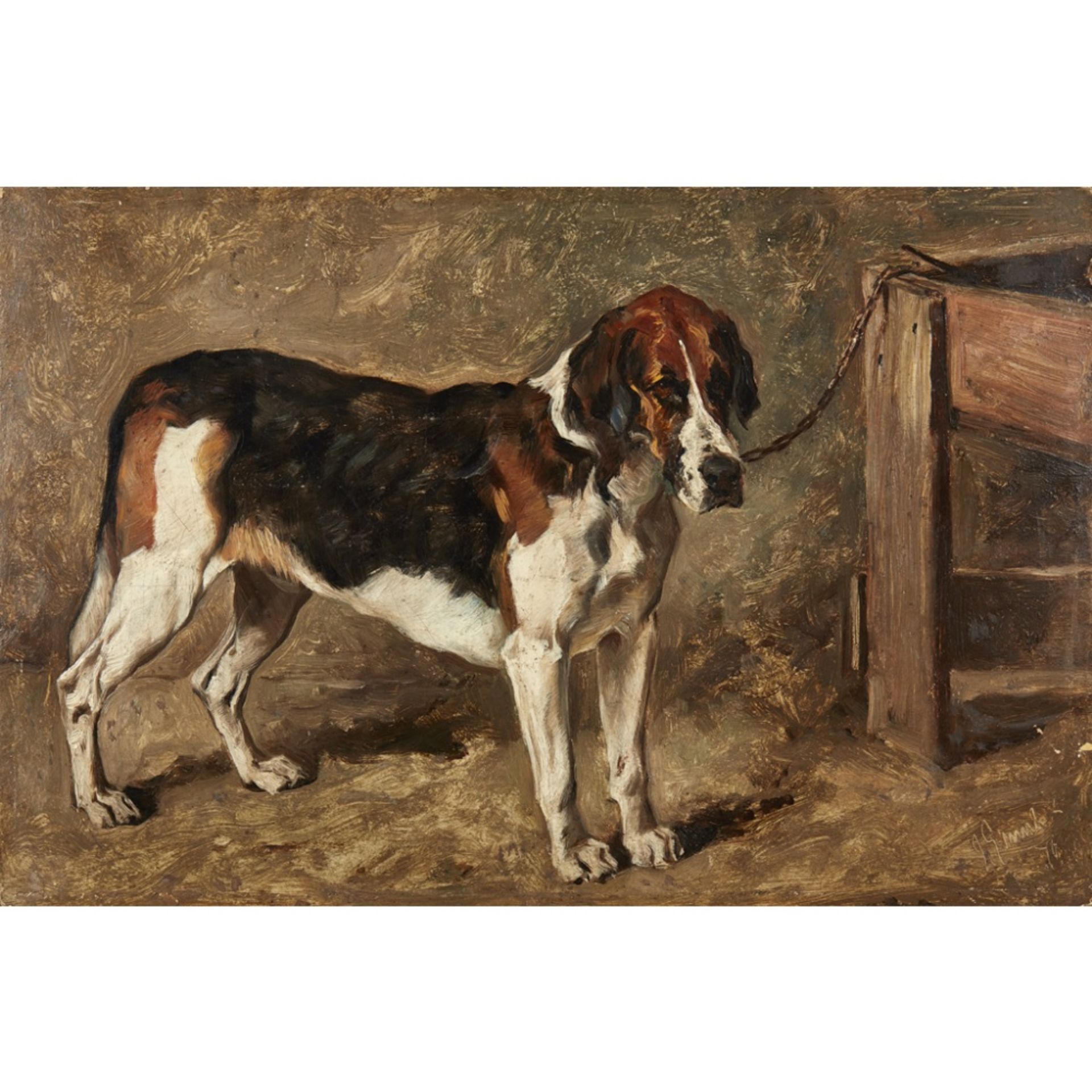 JOHN EMMS (BRITISH 1844-1912)STUDY OF A HOUND Signed and dated 76, oil on board, unframed23cm x 35.