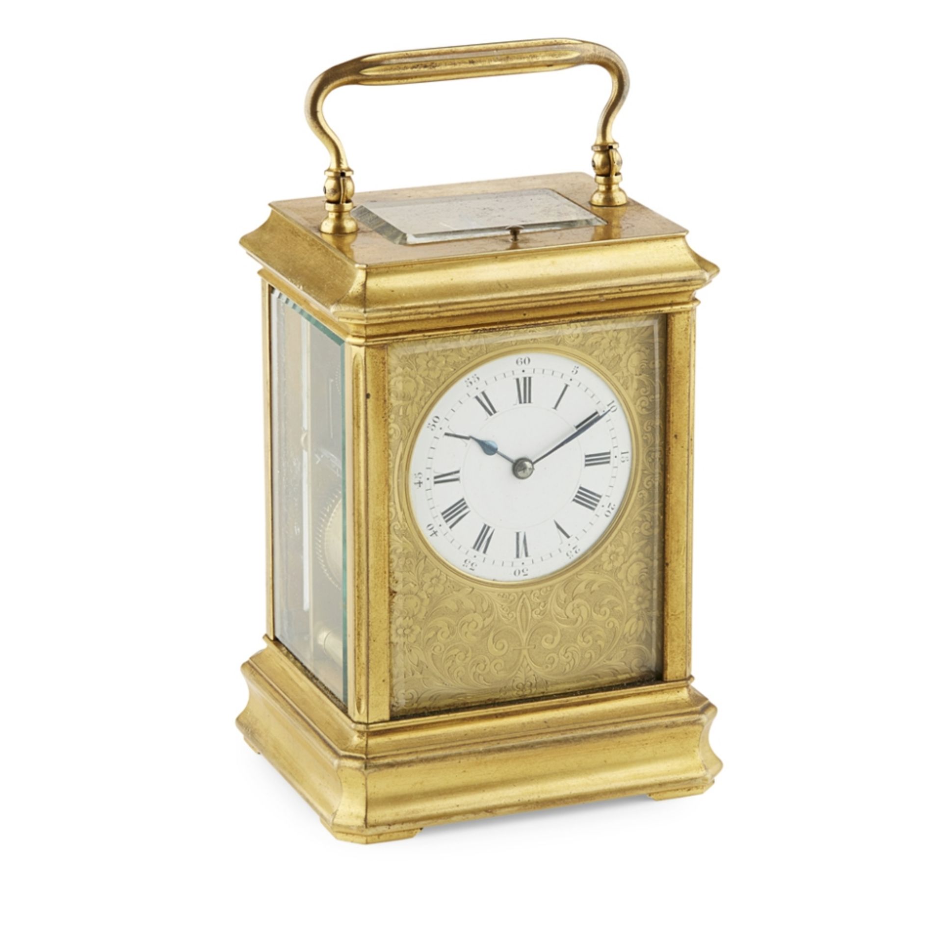 FRENCH GILT BRASS ENGRAVED REPEATING CARRIAGE CLOCKLATE 19TH CENTURY the Gorge case enclosing an - Image 2 of 2