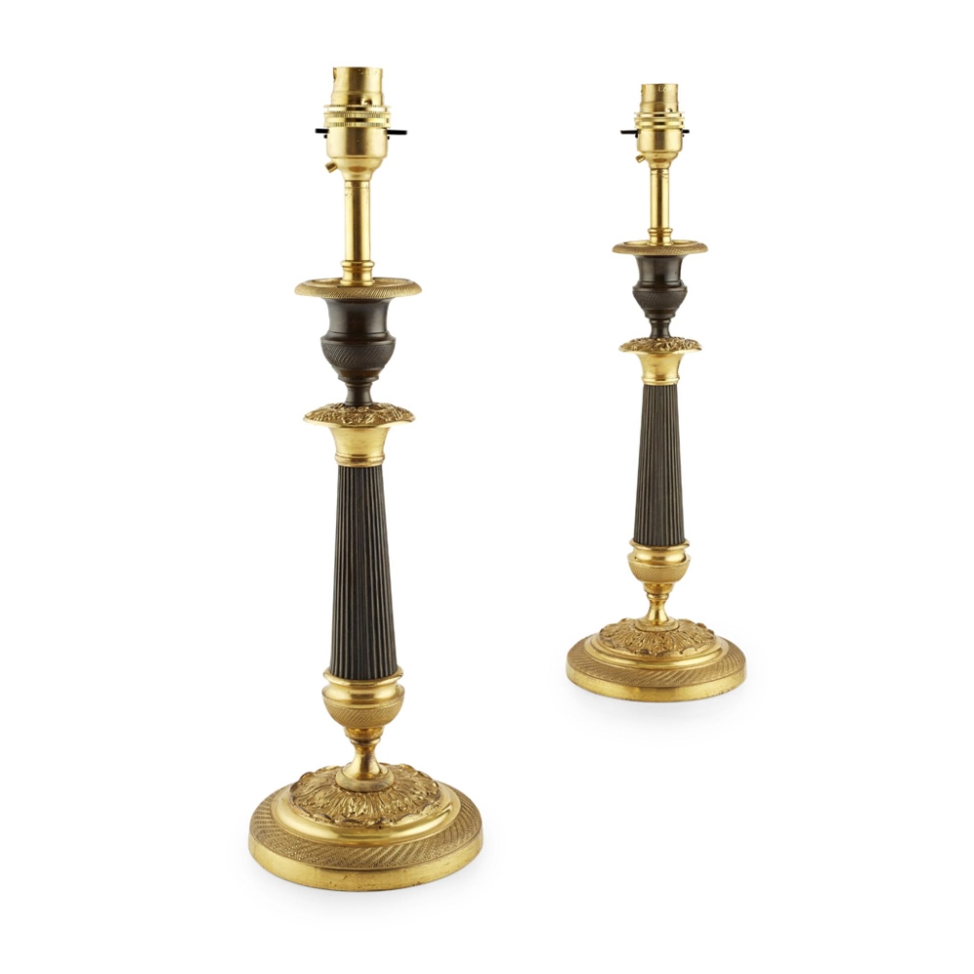 PAIR OF RESTAURATION PATINATED AND GILDED BRONZE TABLE LAMPSEARLY 19TH CENTURY converted from - Image 2 of 2