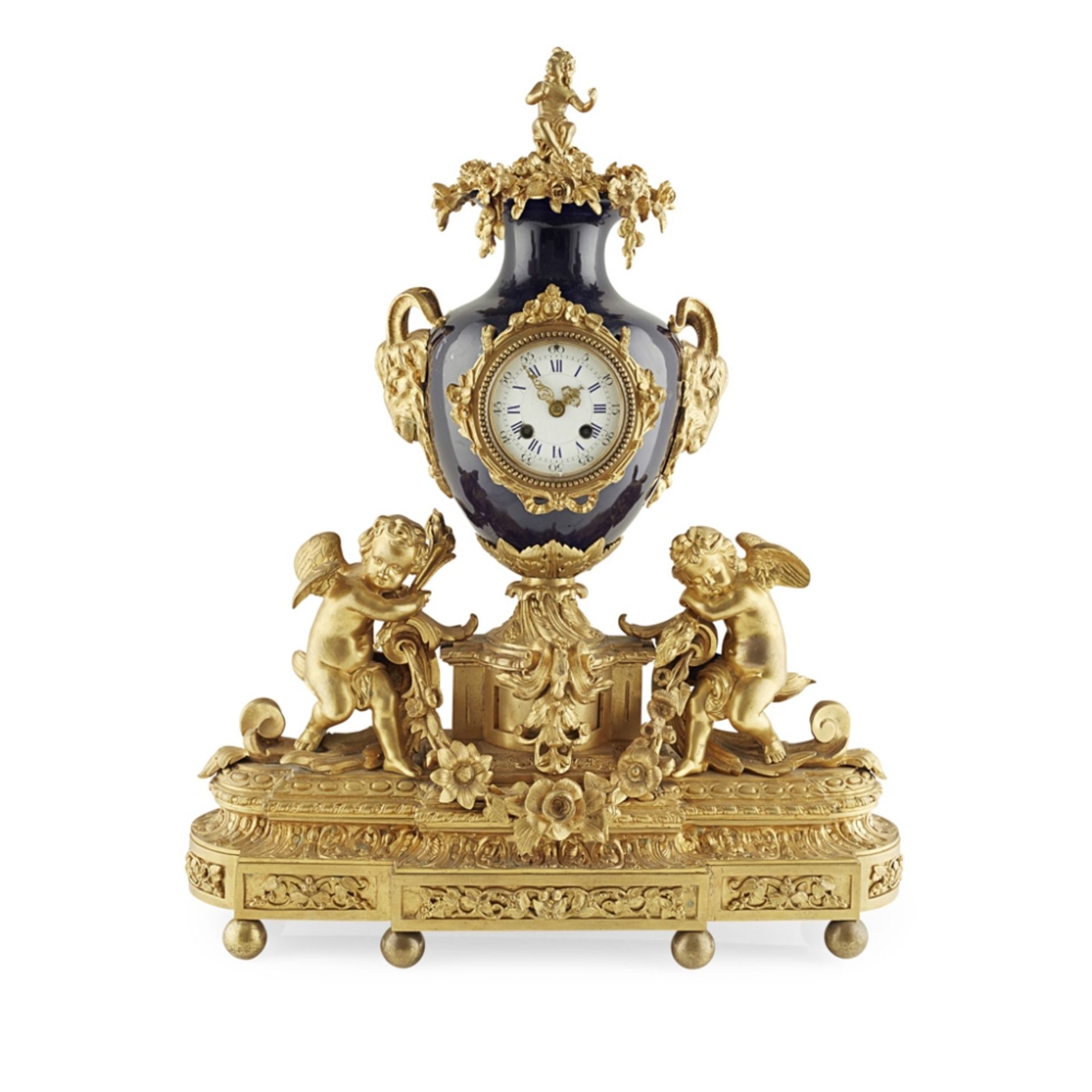 LARGE FRENCH GILT BRONZE AND PORCELAIN MANTEL CLOCK, JAPY FRERES19TH CENTURY surmounted by a