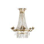 GILT METAL AND CUT GLASS CHANDELIEREARLY 20TH CENTURY the gilt metal feather corona above cut