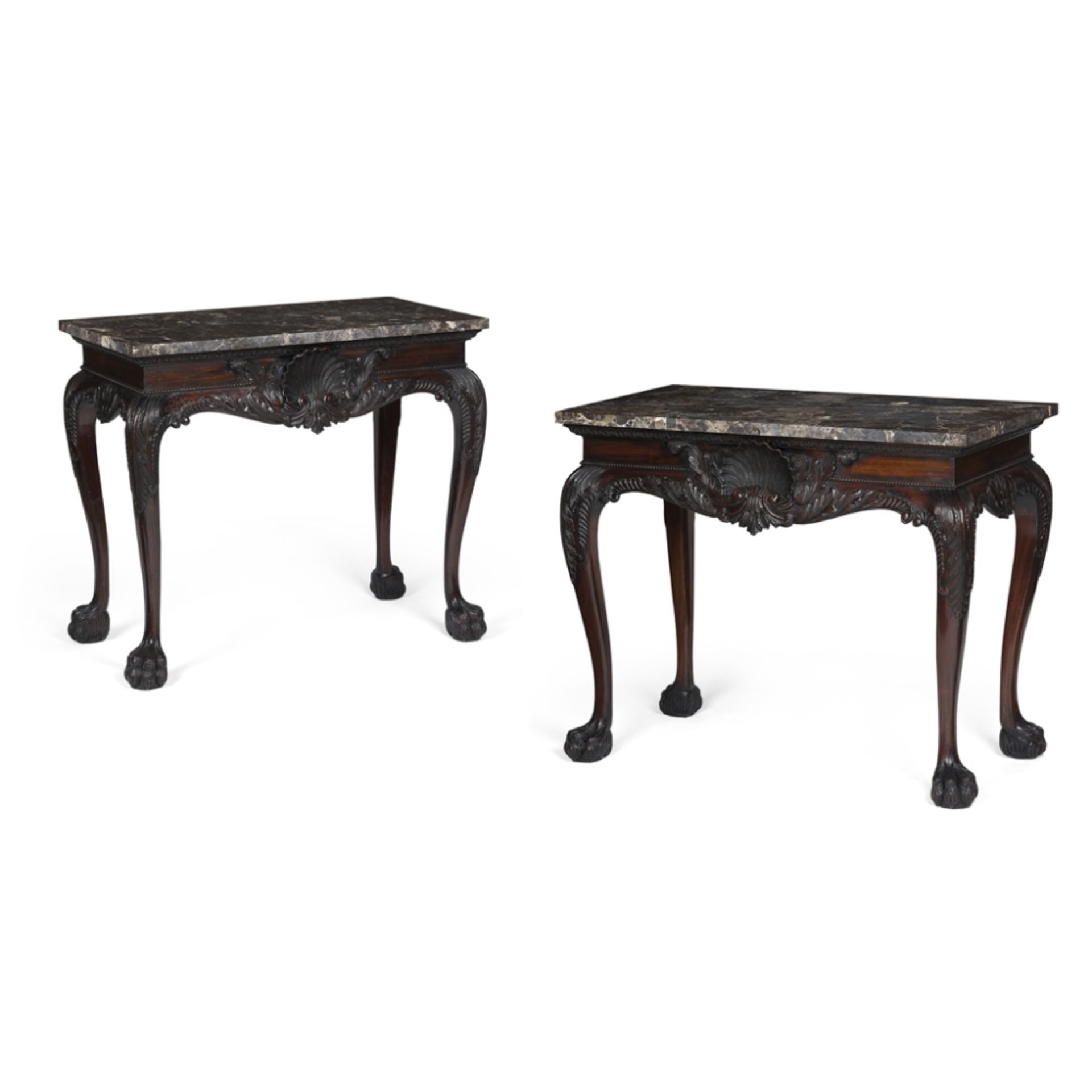 PAIR OF GEORGE II STYLE MAHOGANY MARBLE TOP SIDE TABLES, IN THE MANNER OF HICKS OF DUBLINMODERN