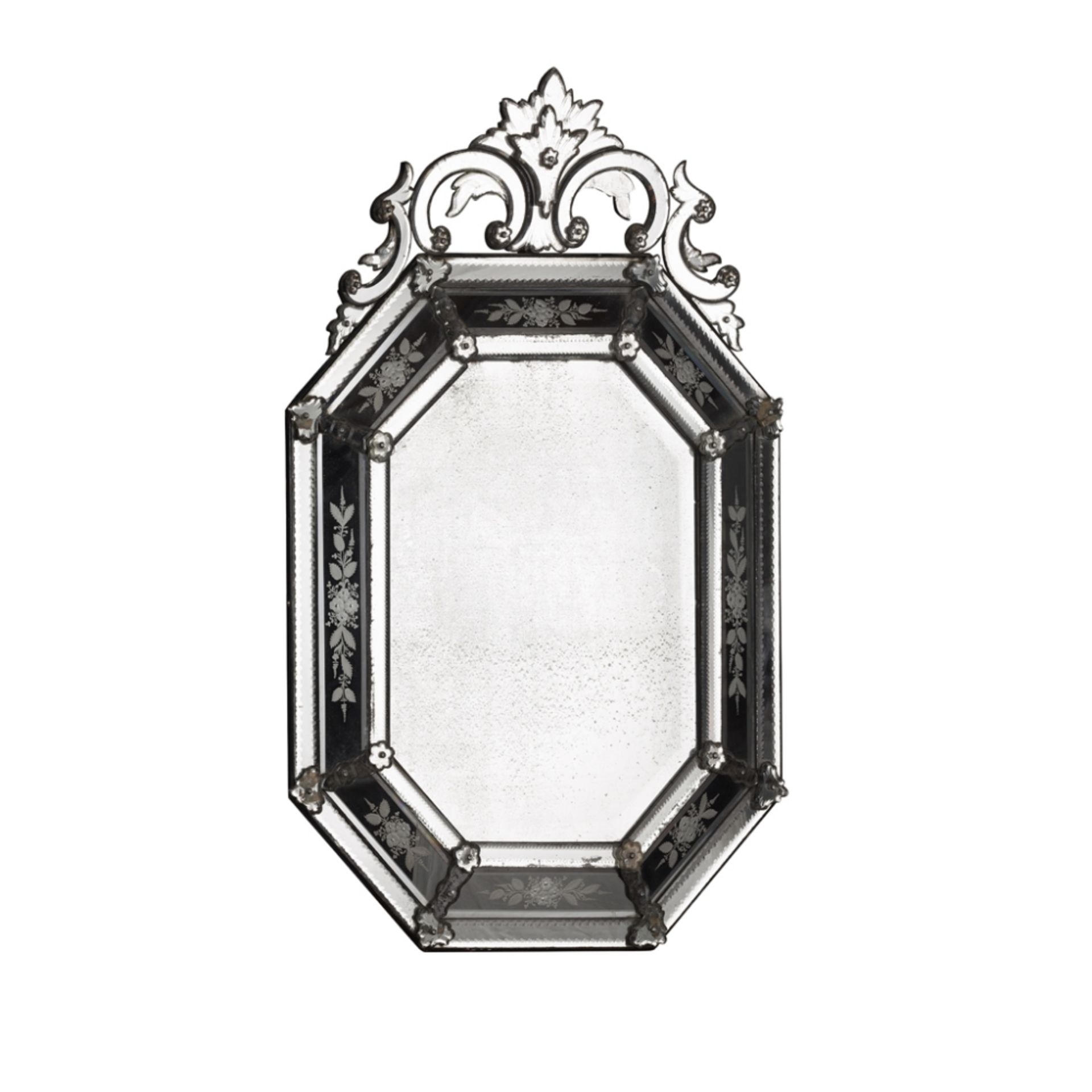 VENETIAN MIRROR19TH CENTURY the octagonal mirror plate within flower etched margin plates and a C