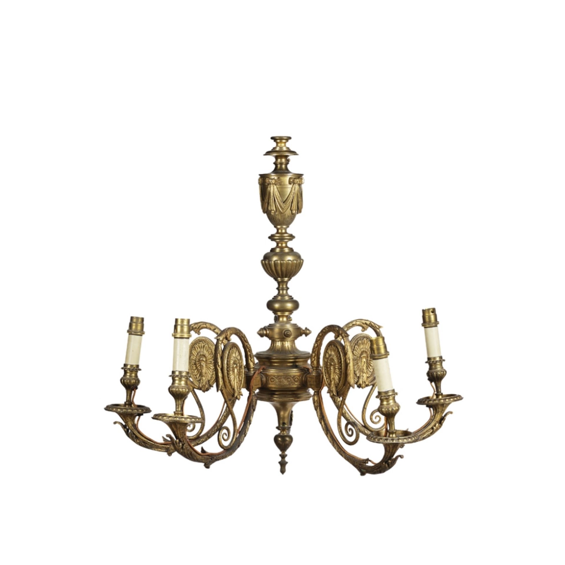 NEO-CLASSICAL BRASS FIVE BRANCH CHANDELIEREARLY 20TH CENTURY the central column with a draped urn