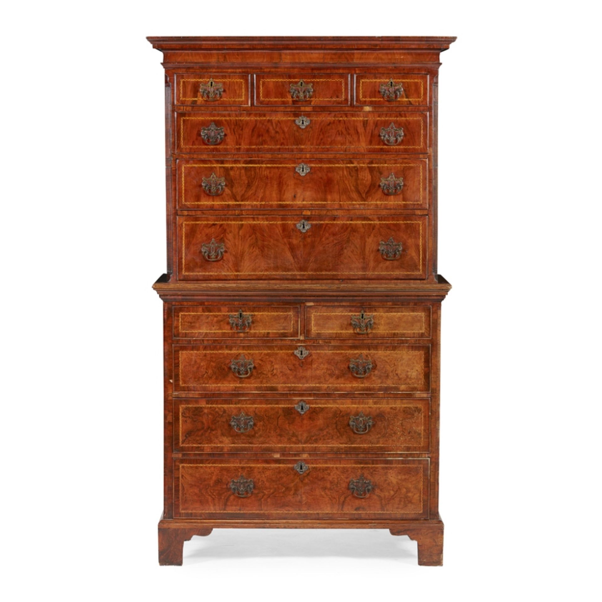 GEORGE II WALNUT, OAK AND INLAY CHEST ON CHEST18TH CENTURY the moulded cornice over three short