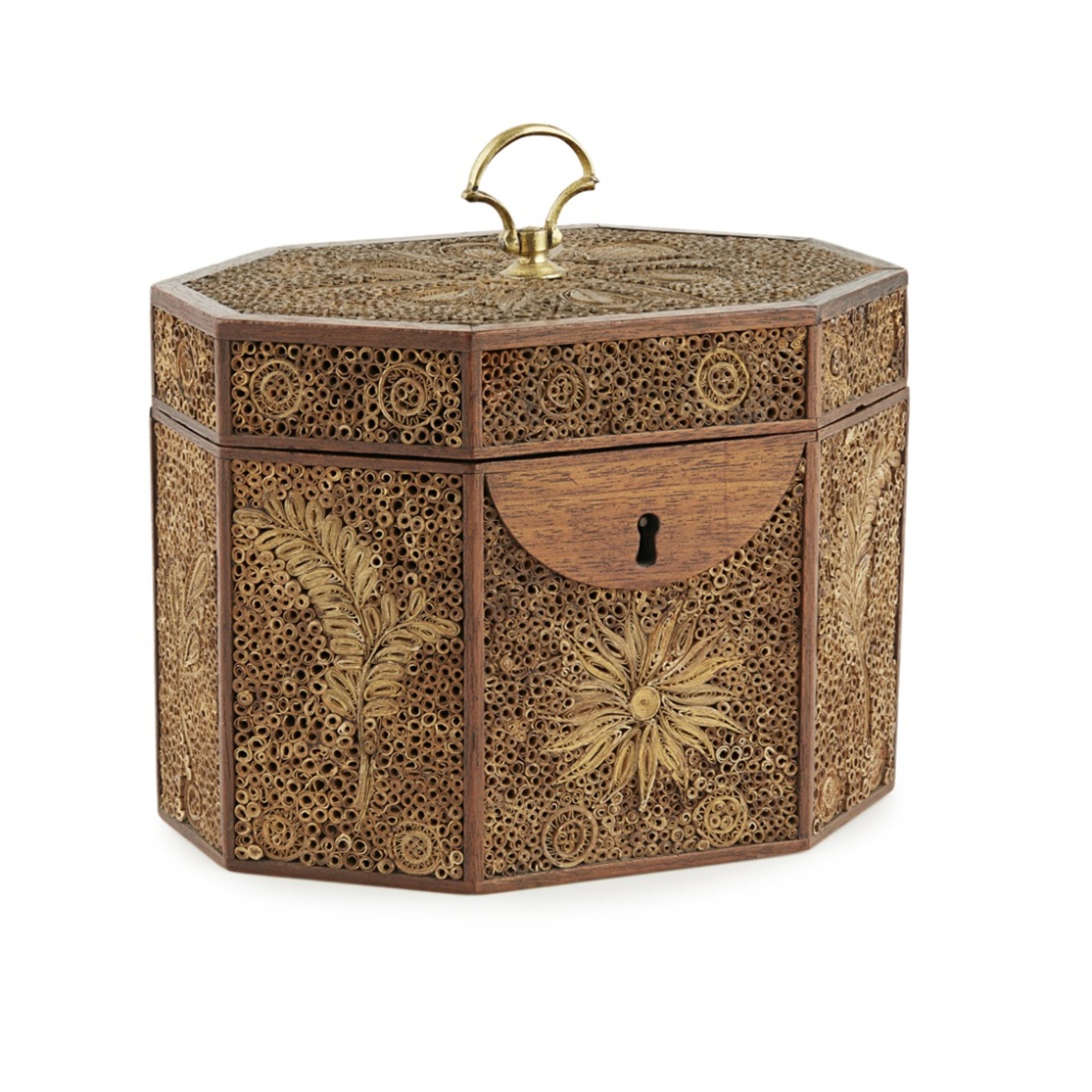 GEORGE III PAPER SCROLL TEA CADDY18TH/ EARLY 19TH CENTURY of octagonal form, the mahogany frame - Image 2 of 2