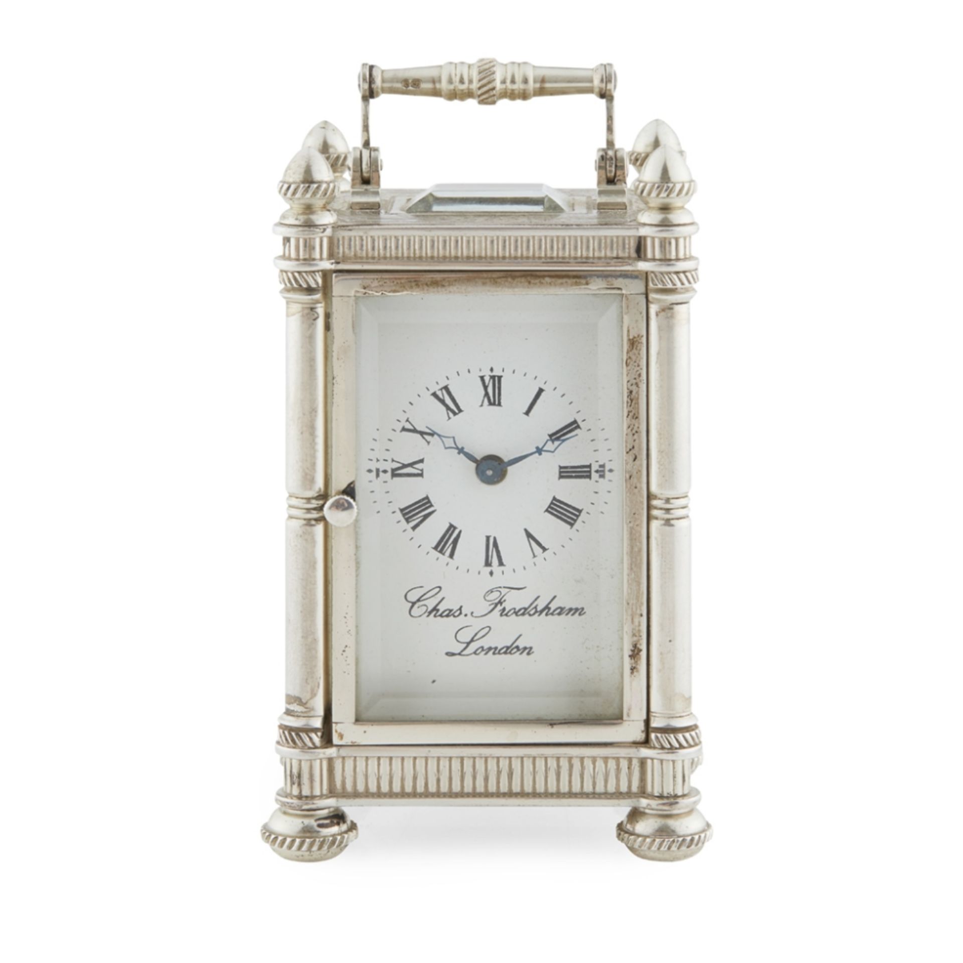 A modern silver cased carriage clock, Charles FrodshamTC, London 1979, of traditional form, drop