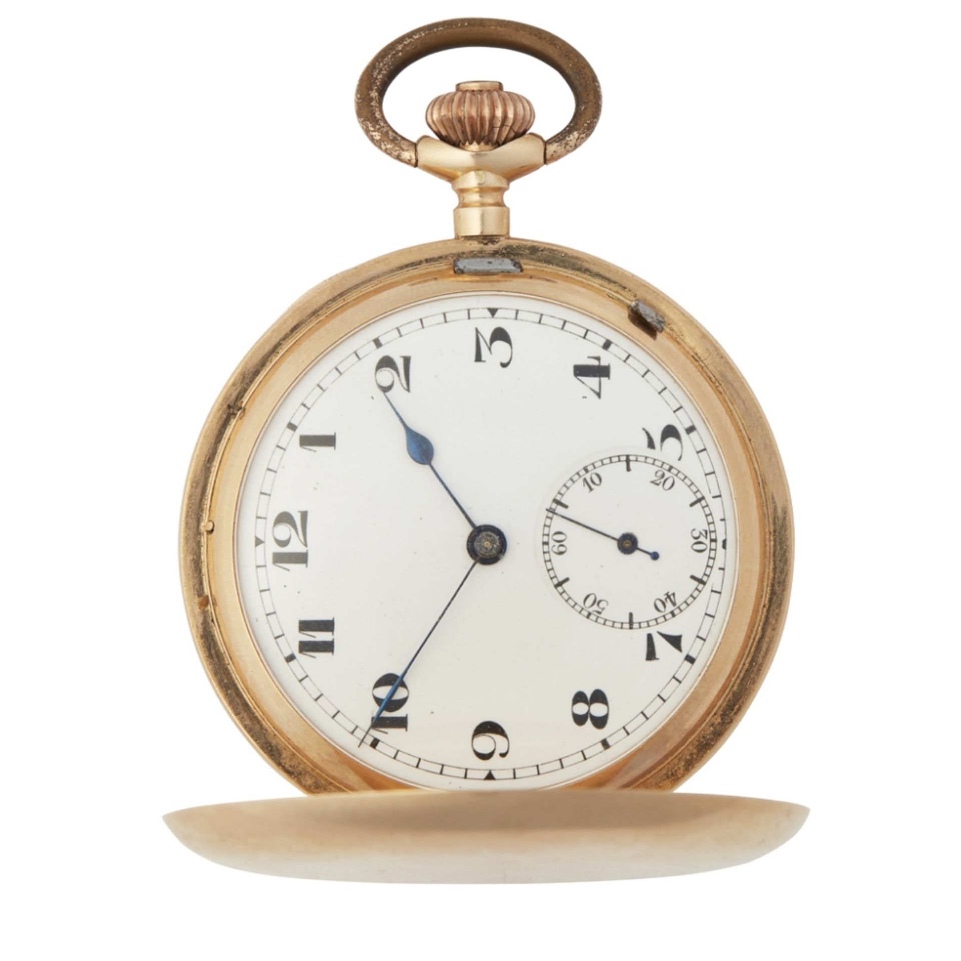 A gold cased pocket watchmarked 14K, full hunting cases, plain, white enamel dial, with Arabic