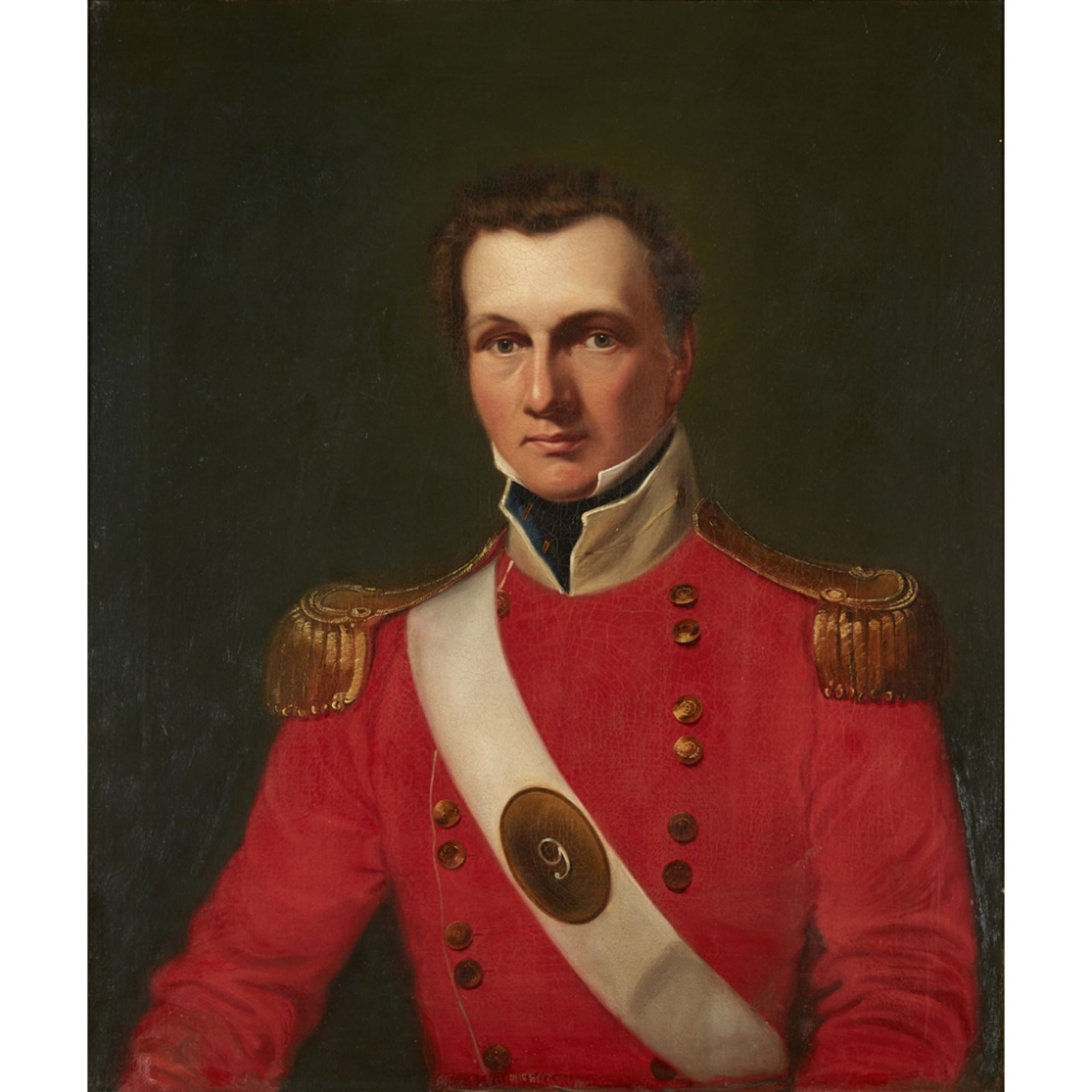 19TH CENTURY BRITISH SCHOOLPORTRAIT OF A GENTLEMAN IN A RED MILITARY JACKET Oil on canvas76cm x 63.