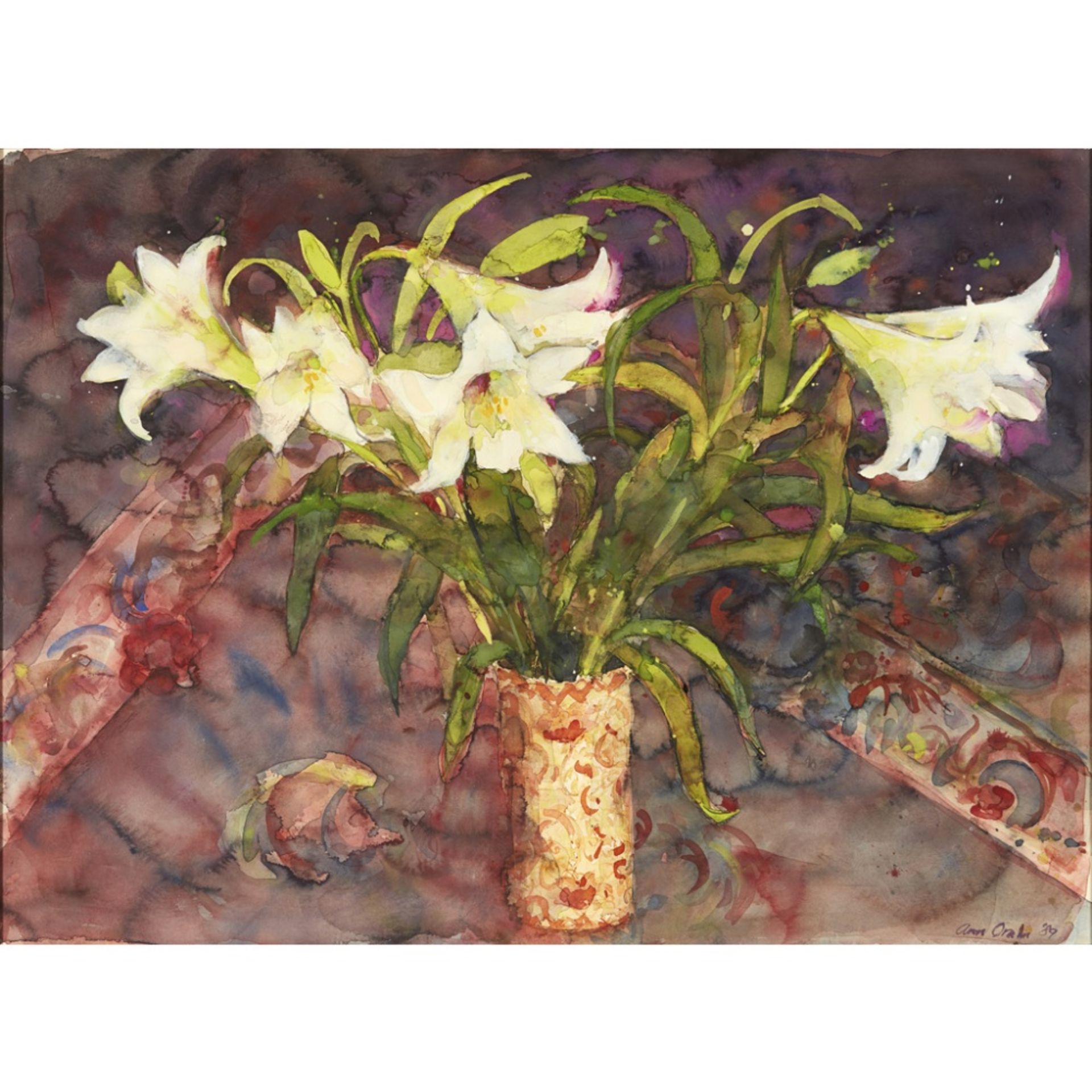 [§] ANN ORAM R.S.W. (SCOTTISH B.1956)LILLIES Signed and dated '89, watercolour100.5cm x 73cm (39.5in