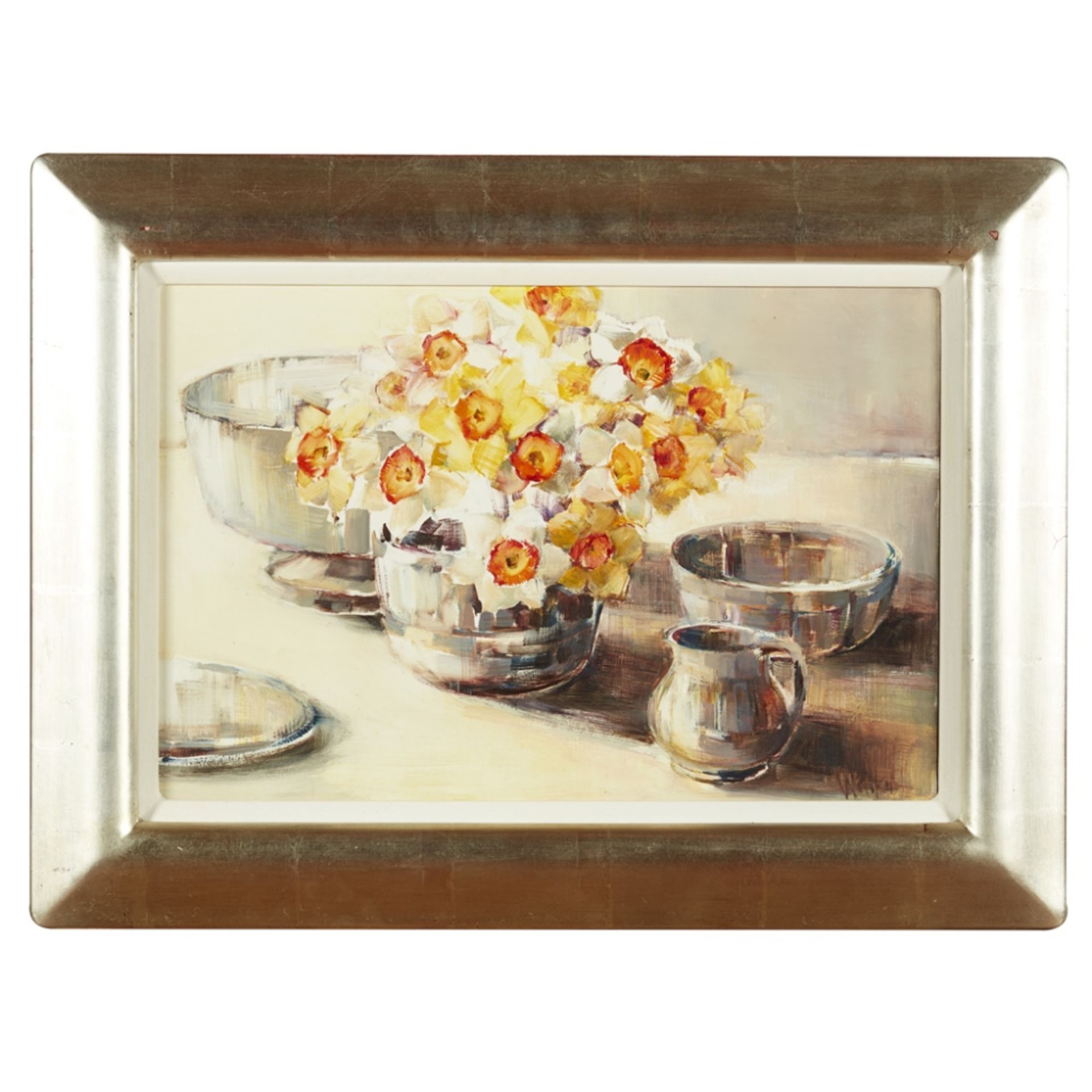 [§] ETHEL WALKER (SCOTTISH B.1941)STILL LIFE WITH MIXED DAFFODILS Signed, oil on board30cm x 47cm ( - Image 2 of 2