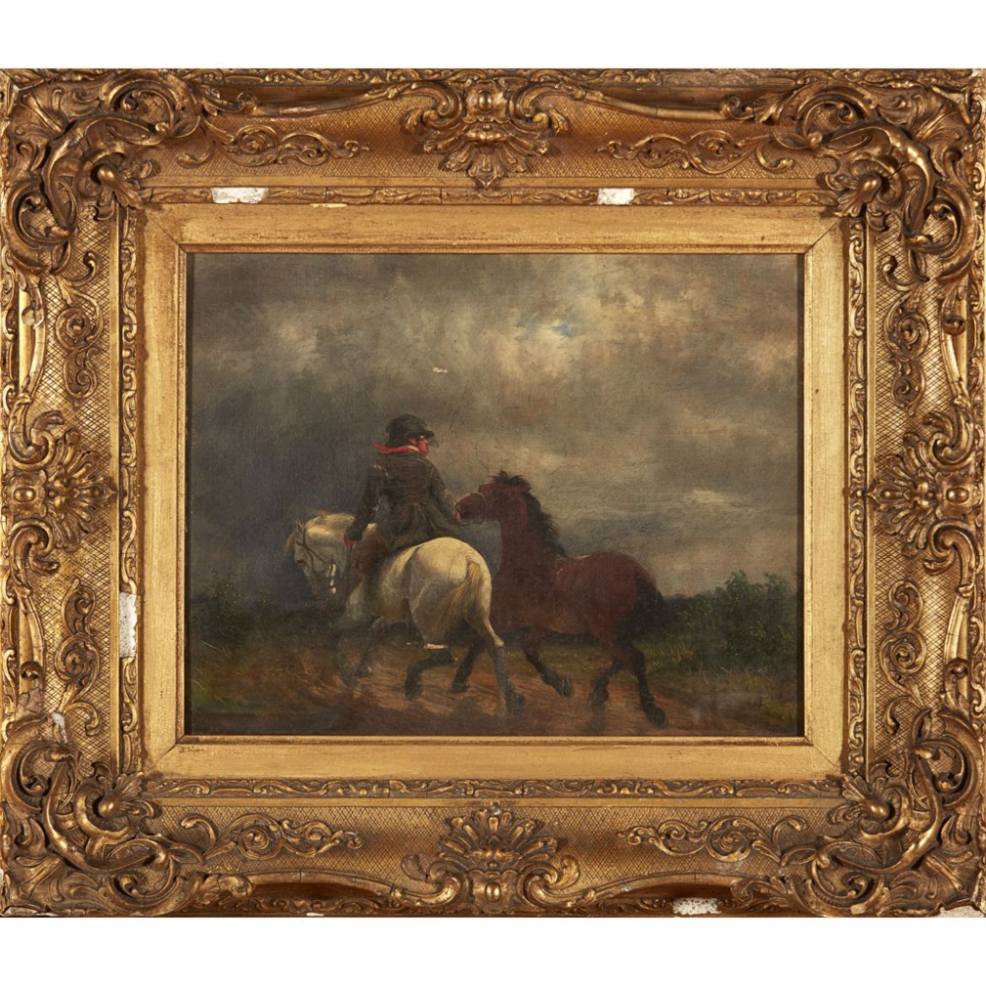 19TH CENTURY BRITISH SCHOOLRIDER WITH TWO HORSES Oil on canvas27cm x 34.5cm (10.5in x 13.5in) - Image 2 of 2