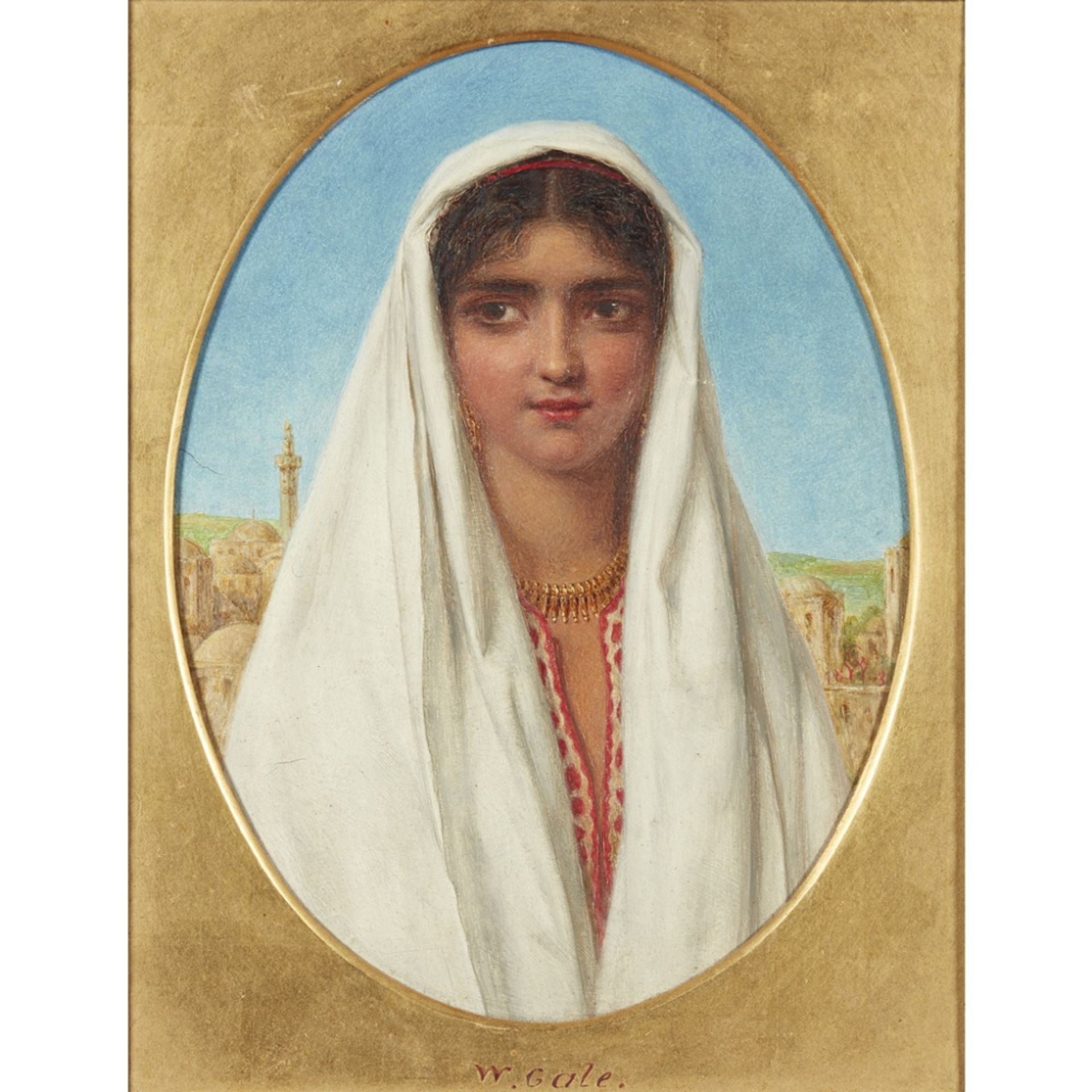 WILLIAM GALE (BRITISH 1823-1909)PORTRAIT OF AN ARAB GIRL Signed with monogram and dated 1863, oil on