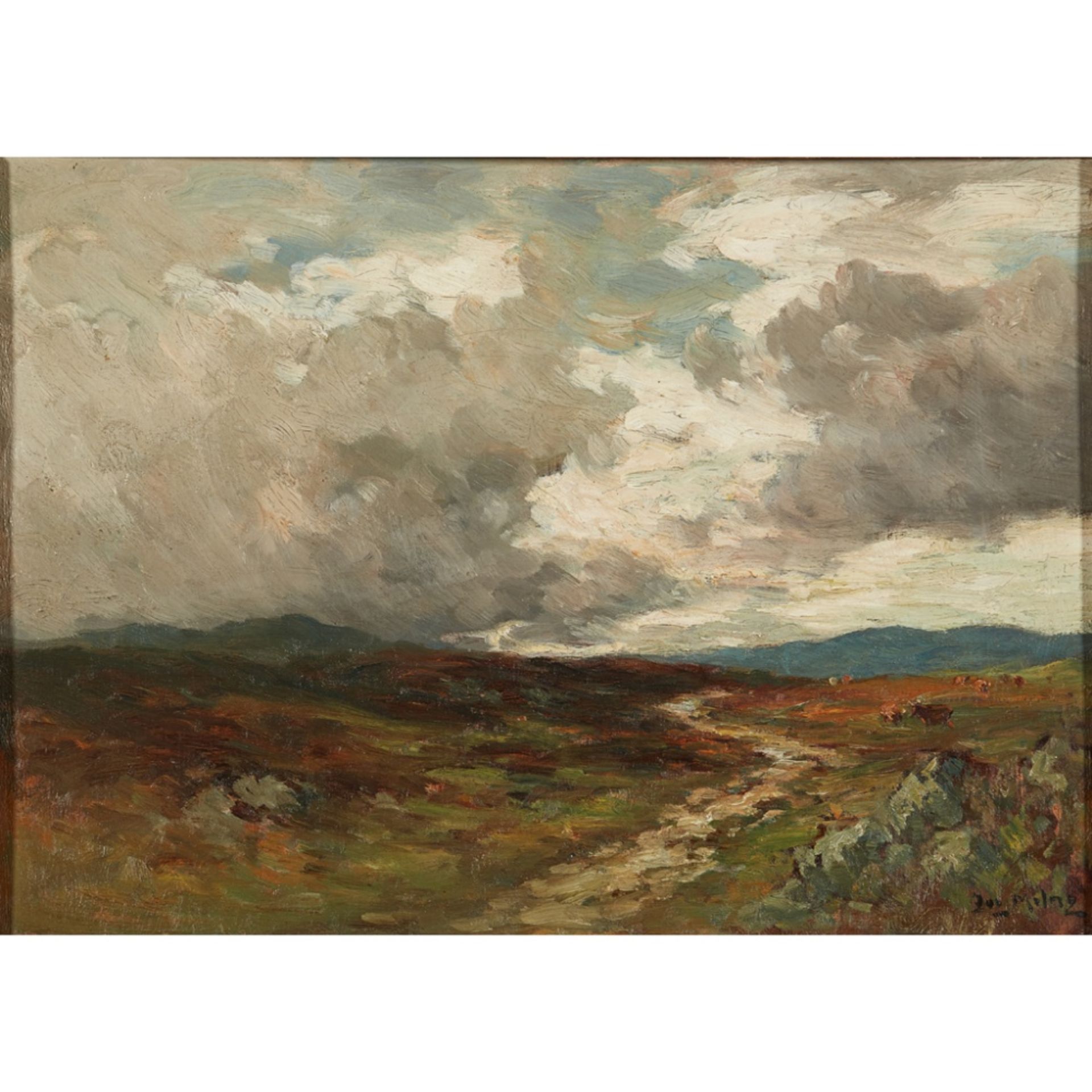 JOSEPH MILNE (SCOTTISH 1857-1911)STORM CLOUDS OVER THE HILLS Signed, oil on board31.5cm x 44.5cm (